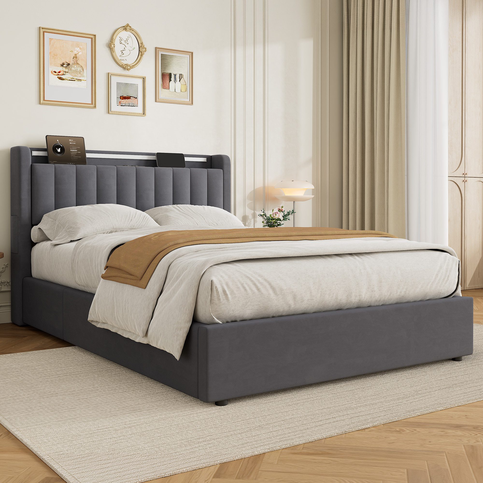 HAUSS SPOLE Polsterbett Stauraumbett mit Bettkasten,Einzelbett- oder Doppelbett erhältlich (140×200 Bettgestell Komfort-Doppelbett Schlafzimmerbett aus Samt), Bettrahmen ohne Matratze