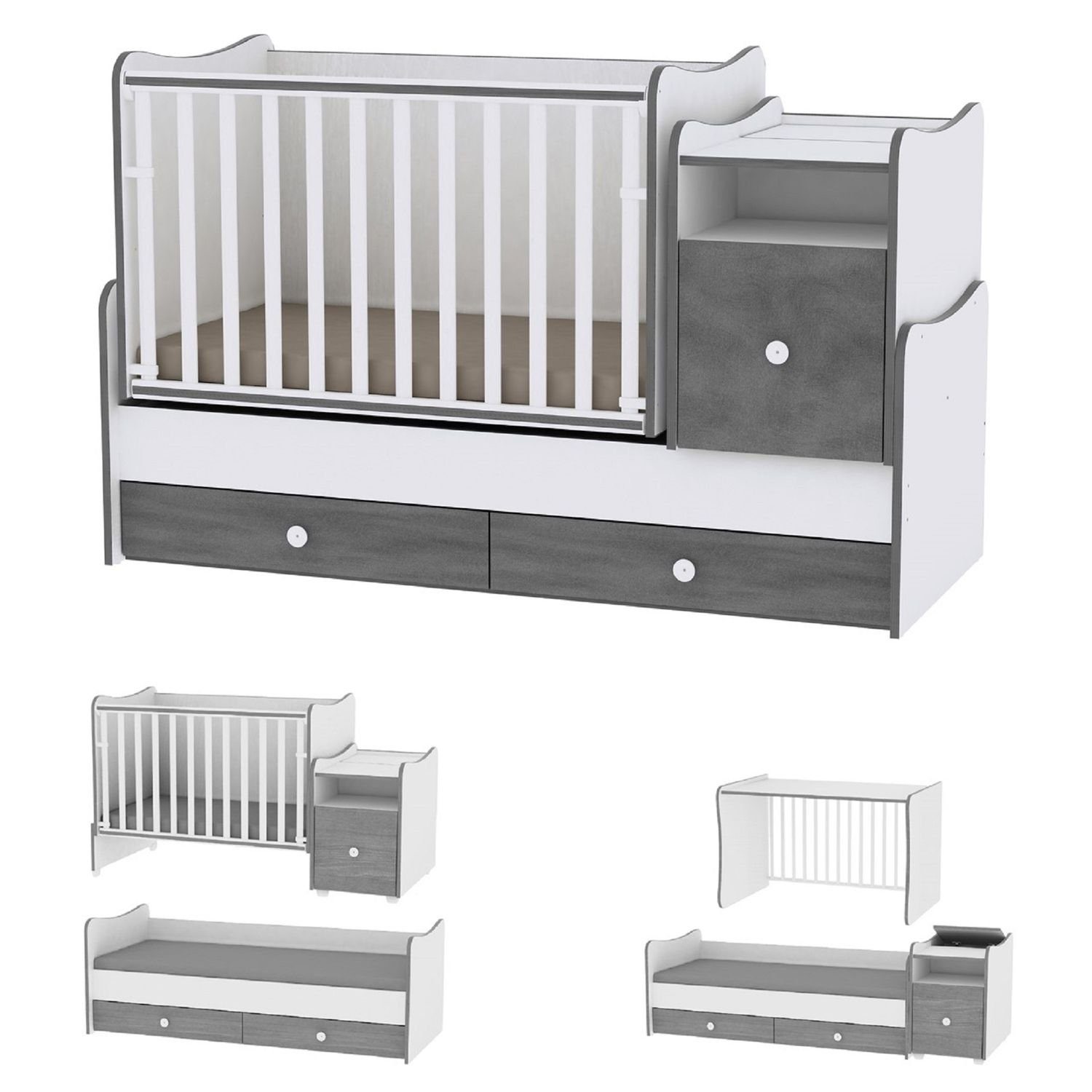 Lorelli Komplettbett Babybett Trend Plus NEW 4 in 1, Schaukelfunktion Jugendbett Schreibtisch