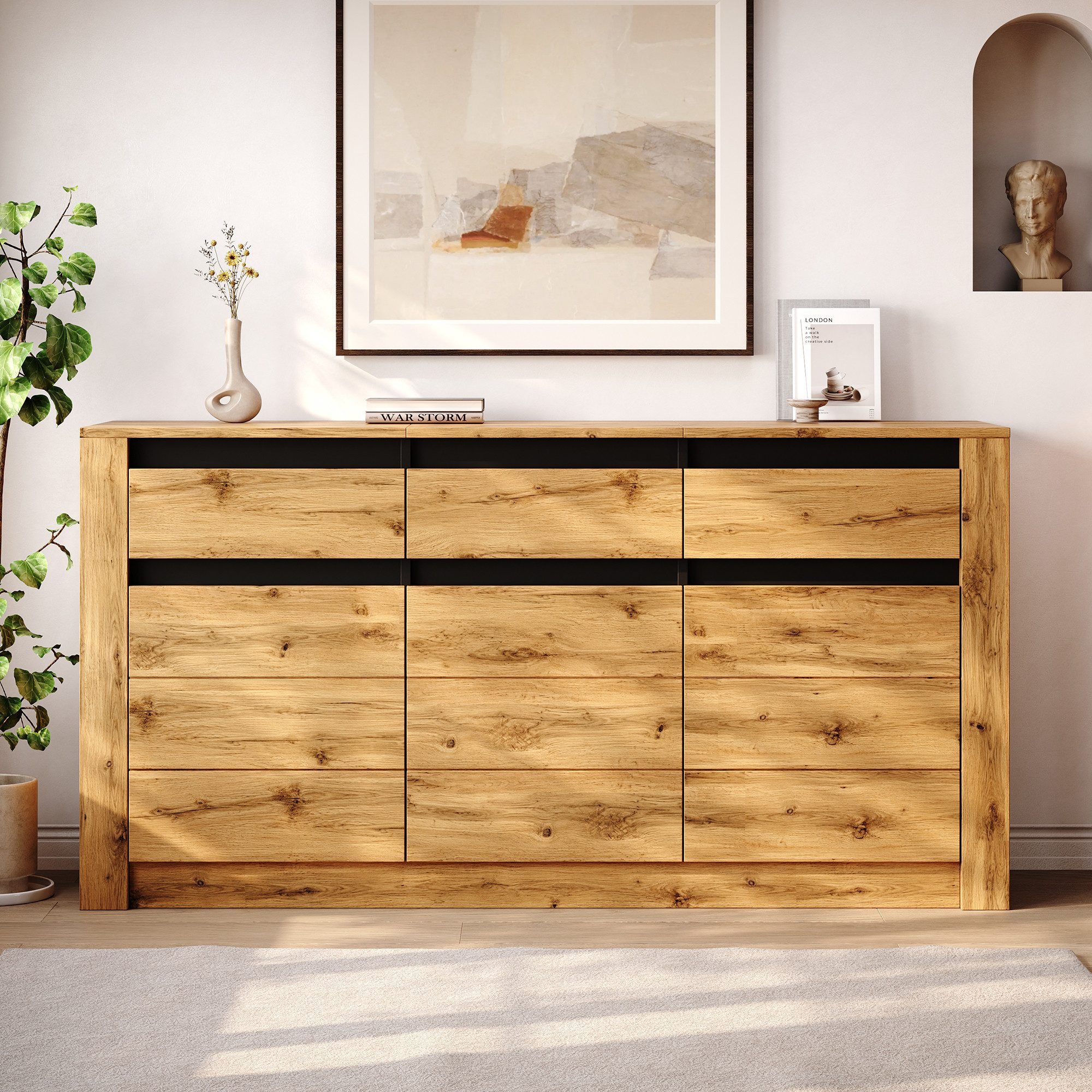 Merax Sideboard mit Wellenoptik, Anrichte in Naturholzfarbe (135×35×70cm, 1 St), Kommode mit 3 Schubladen, 3 Türen, 9 Fächern & Stauraum