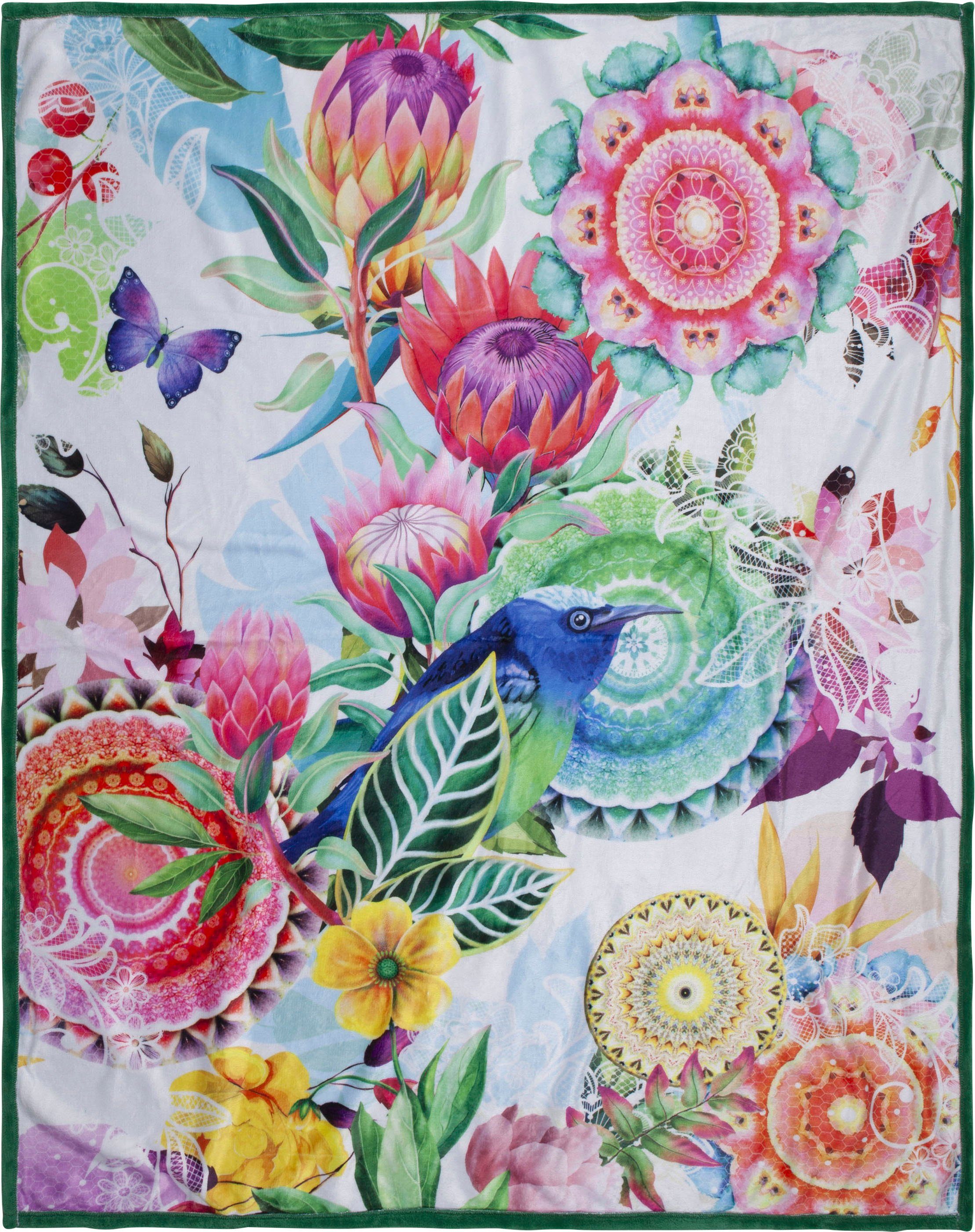 Plaid Chess, hip, Sehr Weich, Kuscheldecke, 130x160 cm, Wendeoptik, Mandala, Bunt, Grün