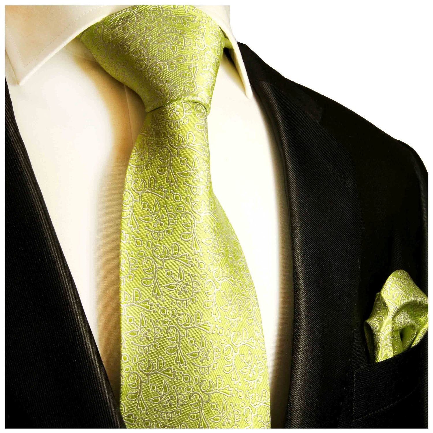 Paul Malone Krawatte Herren Seidenkrawatte und Tuch modern floral 100% Seide (Set, 2-St., Krawatte mit Einstecktuch) Breit (8cm), grün 973