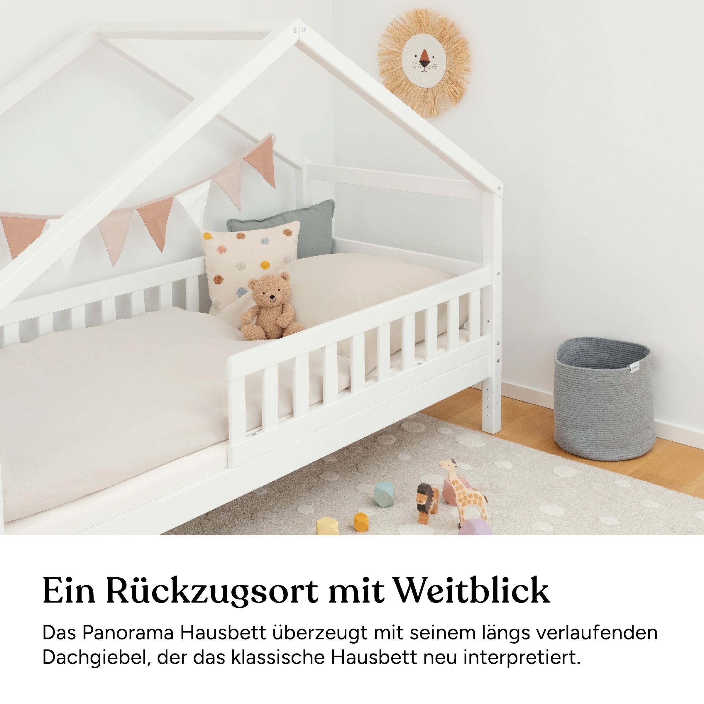 Ehrenkind Hausbett Panorama Hausbett Lille aus massivem Kiefernholz (Doppelschublade, FSC®-zertifiziert), höhenverstellbar
