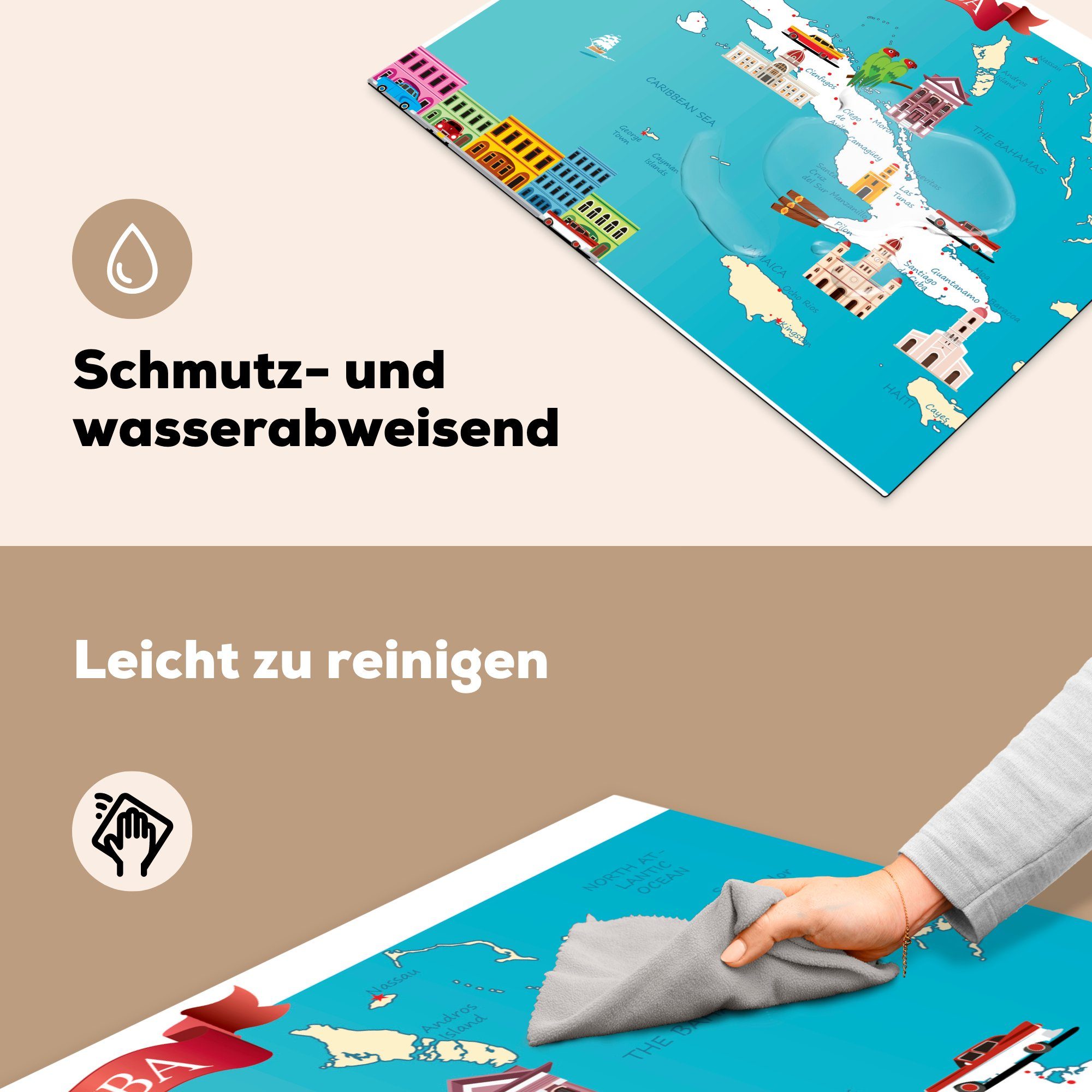 MuchoWow Herdblende-/Abdeckplatte Kuba, cm, Karikaturkarte Arbeitsfläche 70x52 nutzbar, Ceranfeldabdeckung Eine tlg), einer Mobile Vinyl, (1 von Illustration