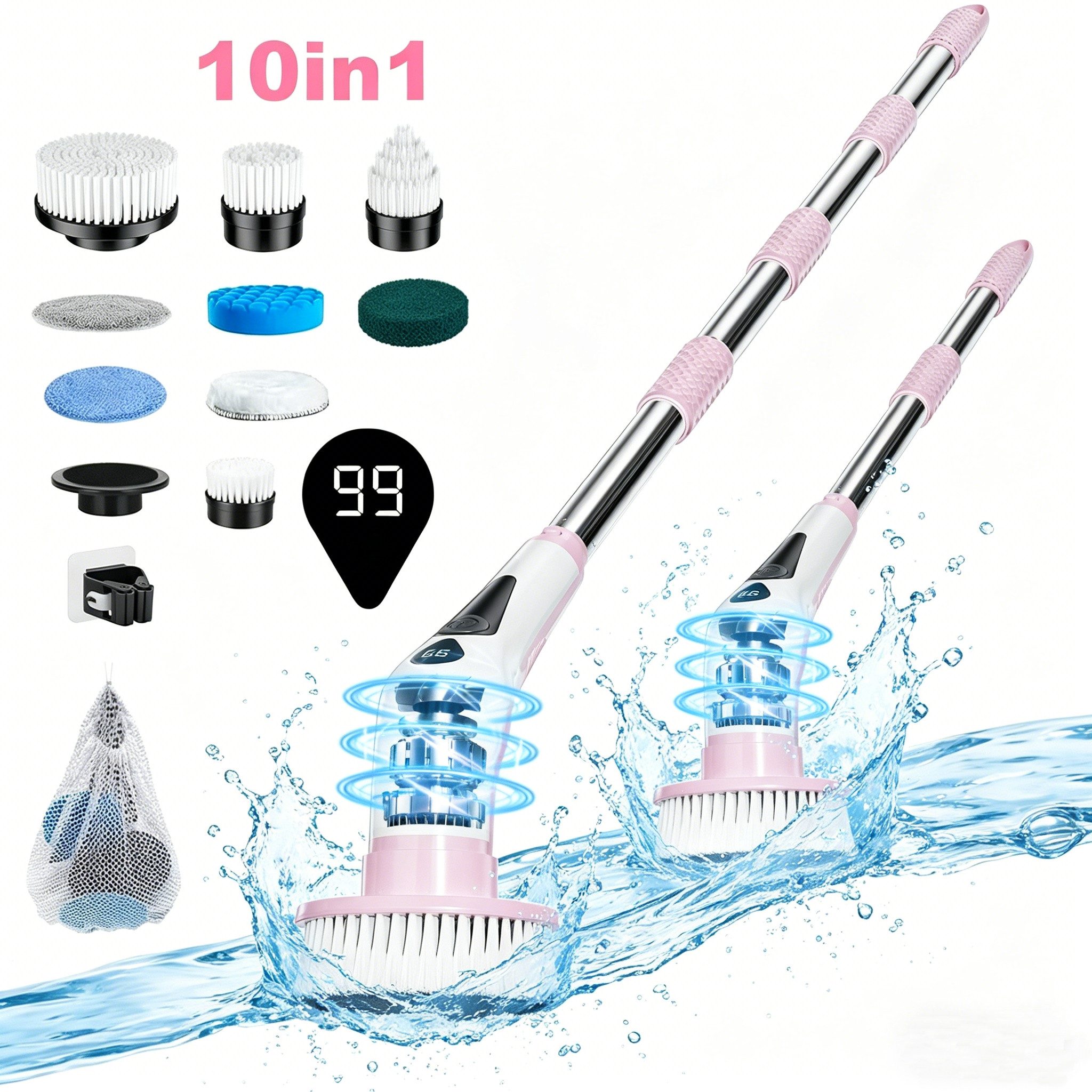 PRASKY Reinigungsbürsten-Set Elektrische Reinigungsbürste mit 9 austauschbaren Bürstenköpfen, Fliesen, Laminatböden, Fenster, Autos, (Mehrere abnehmbare Teile badebürste elektrisch, Teppichreiniger, Akku-Oberflächenbürste mit 9 Bürstenköpfen), 30-130 cm Verlängerungsrohr, LED-Batteriestandsanzeige