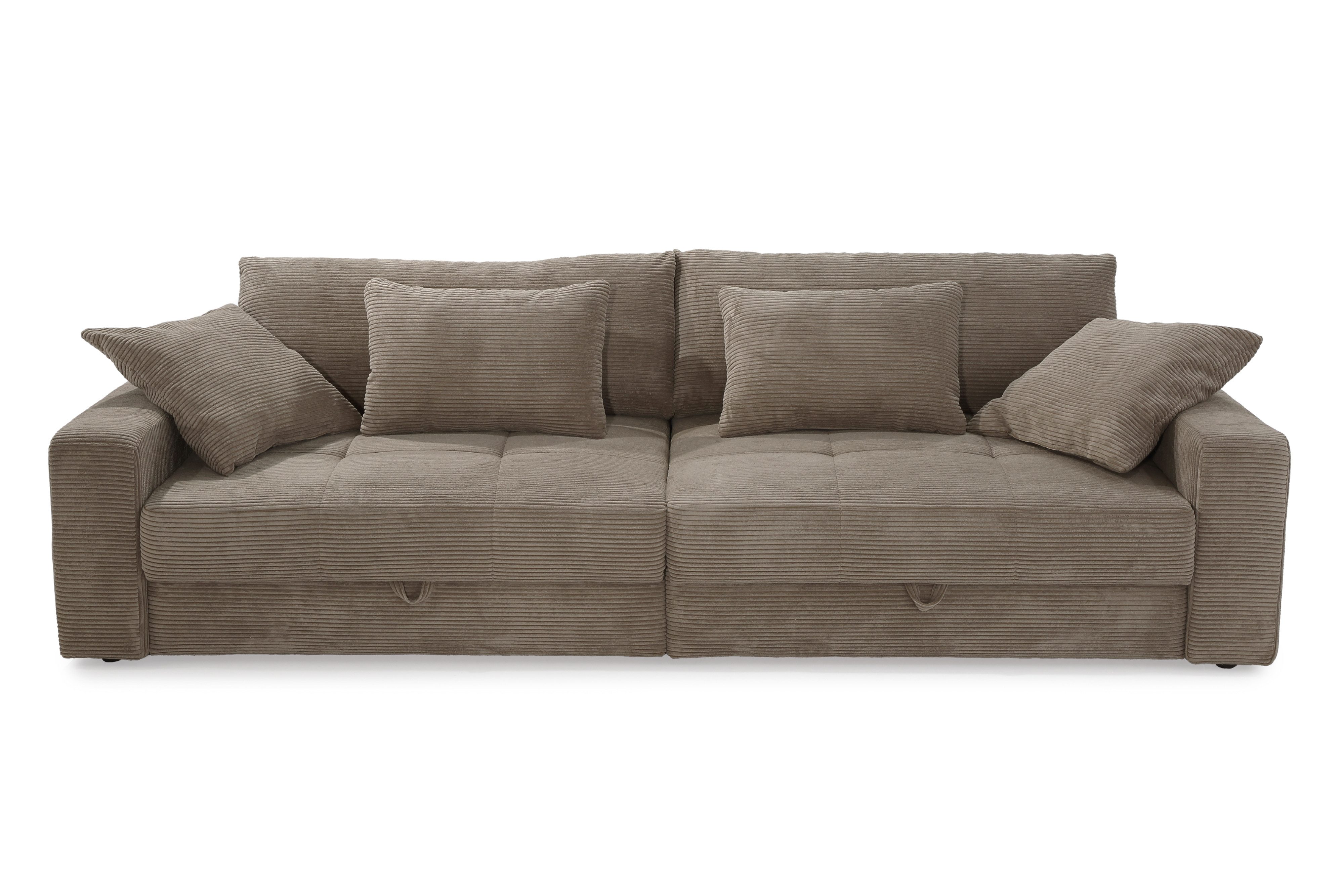 luma-home Big-Sofa 15264, Lounge Couch B284/T113/H84 cm, Wellenunterfederung, markante Steppungen, 2 Bettkästen, Bezug Cord in Braun Taupe