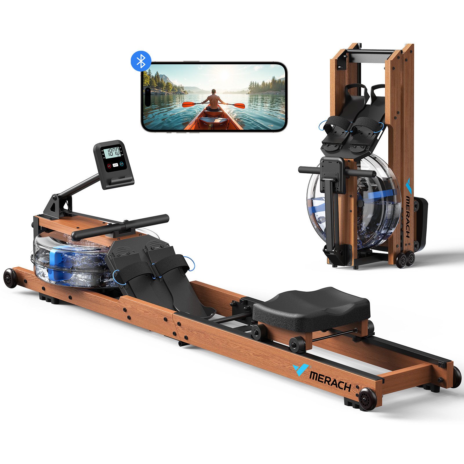 MERACH Rudergerät für Zuhause aus Massivholz, Klappbares Wasserrudergerät (Hochwertige Holzkonstruktion, Dual-Slide-Rail, Kompatibel Kinomap, mit Bluetooth exklusiver APP, interaktiven Karten Spiel, Tabletständer), Leicht zu Montieren, Belastbar bis 180kg