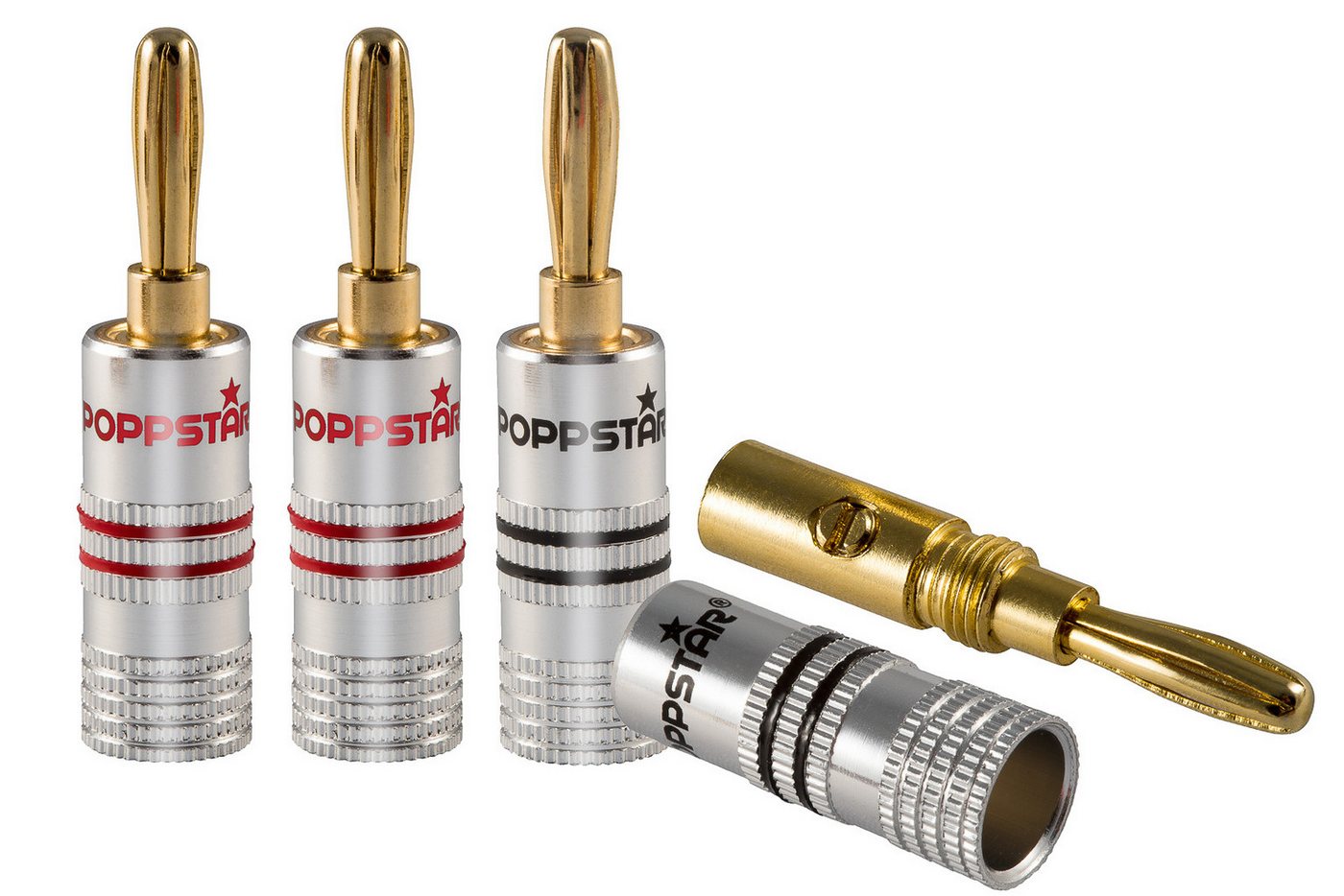 Poppstar High End Bananenstecker für Lautsprecherkabel (bis 6 mm) Audio-Adapter, für Lautsprecher, AV Receiver (Kontakte vergoldet, 2 schwarz, 2 rot)