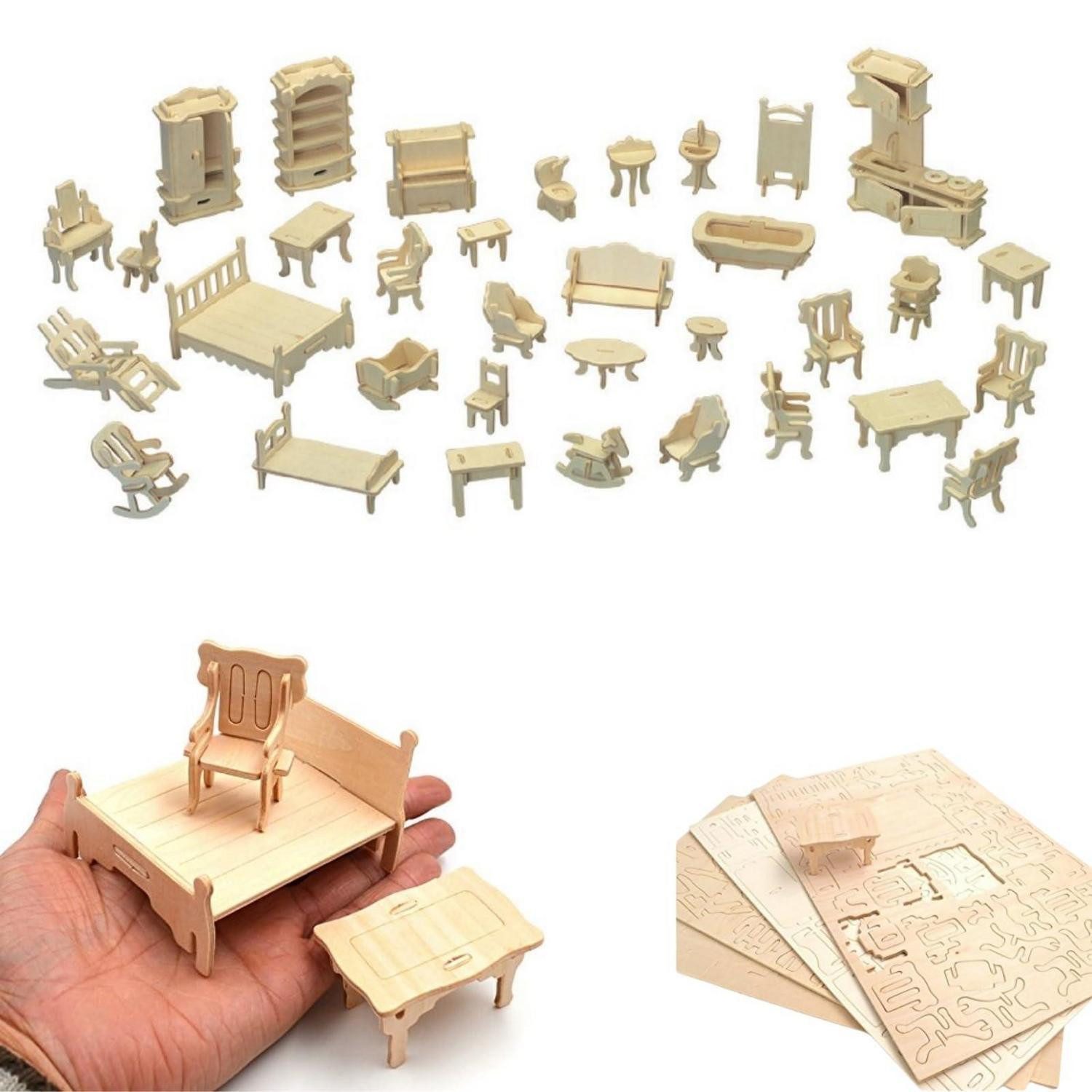 LuxusKollektion Kreativset Puppenhaus-Möbel Set 34-teilig Hellbraun