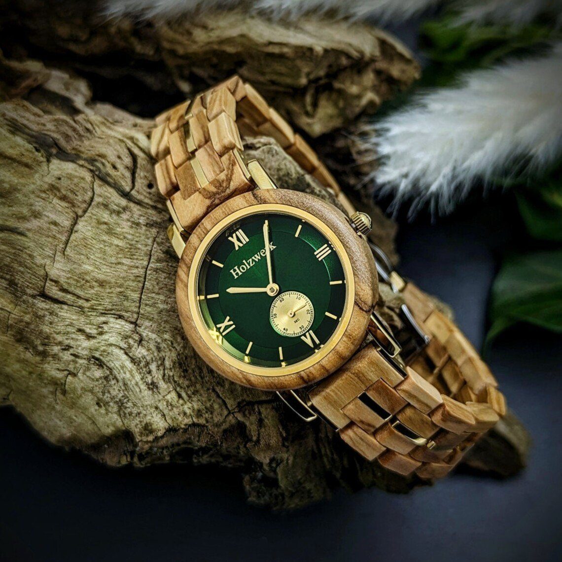 Holzwerk Quarzuhr BUCHLOE kleine beige, Holz in Uhr gold ahorn & Armband Damen grün