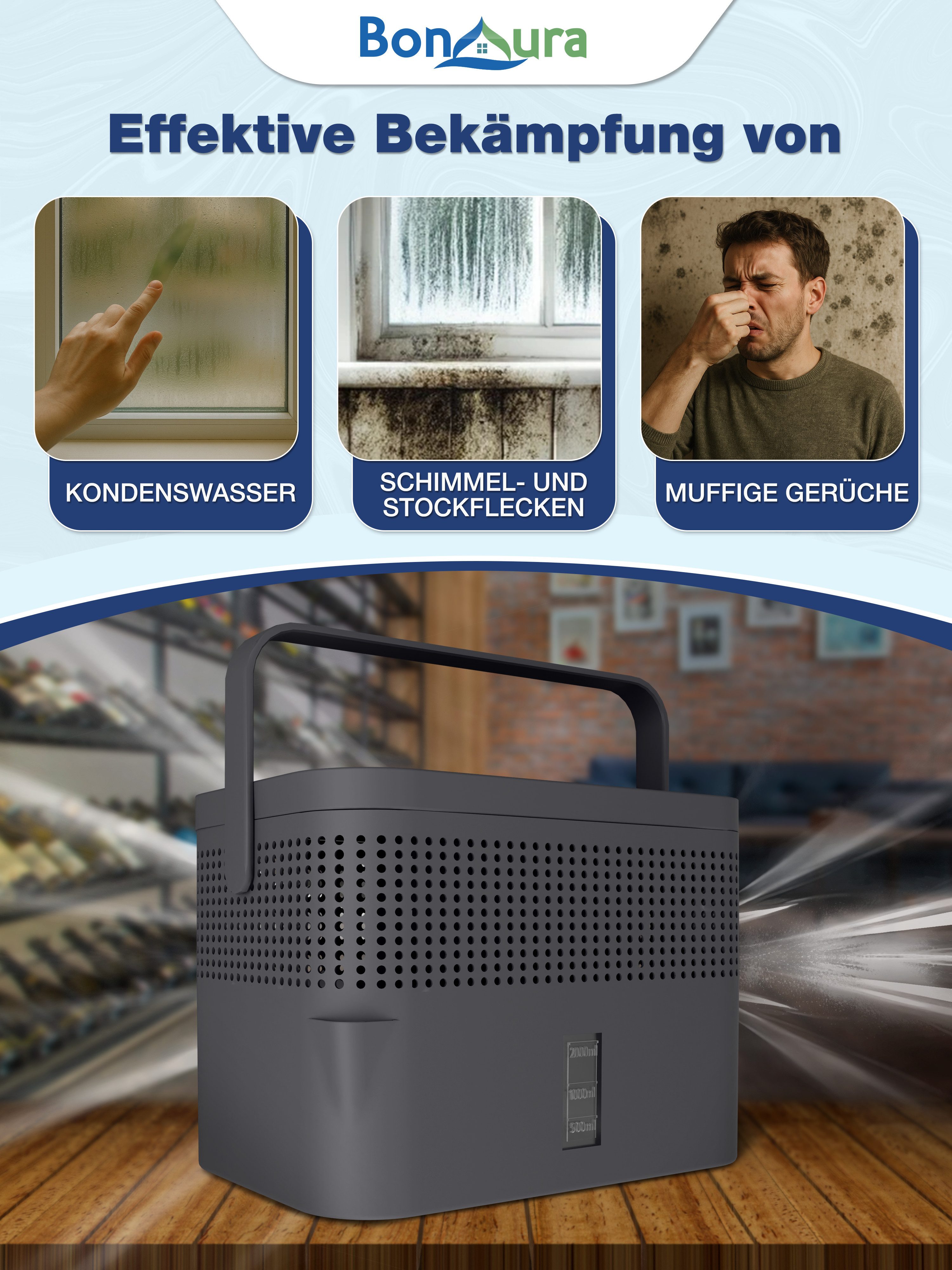 BonAura Luftentfeuchter ohne Strom, für 79 m³ Räume, Tank 2 l, 5 x 980g Gra günstig online kaufen