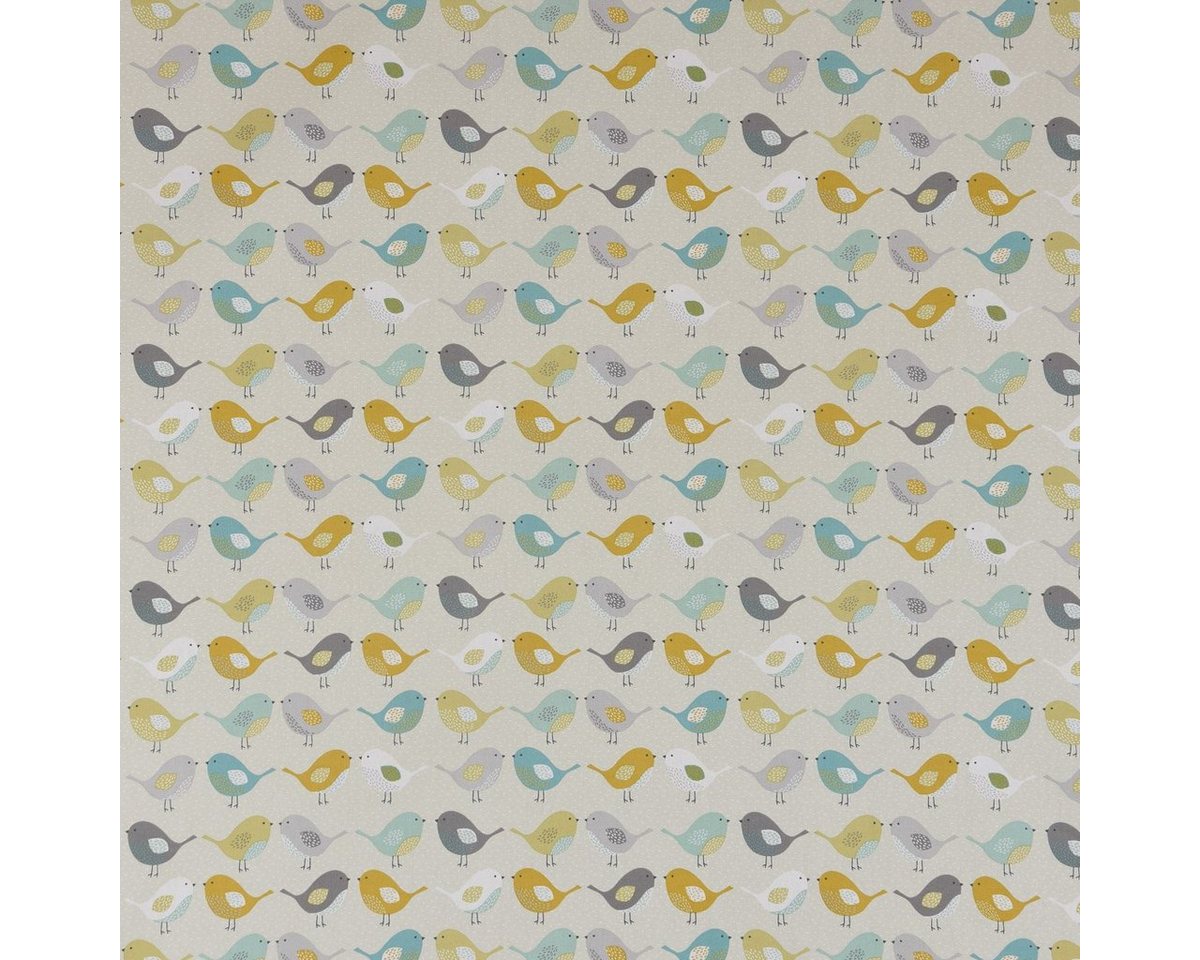 Thumbnail - Stoff Fryett`s Dekostoff Baumwolle Birds Vögel beige grau mint senf 138cm