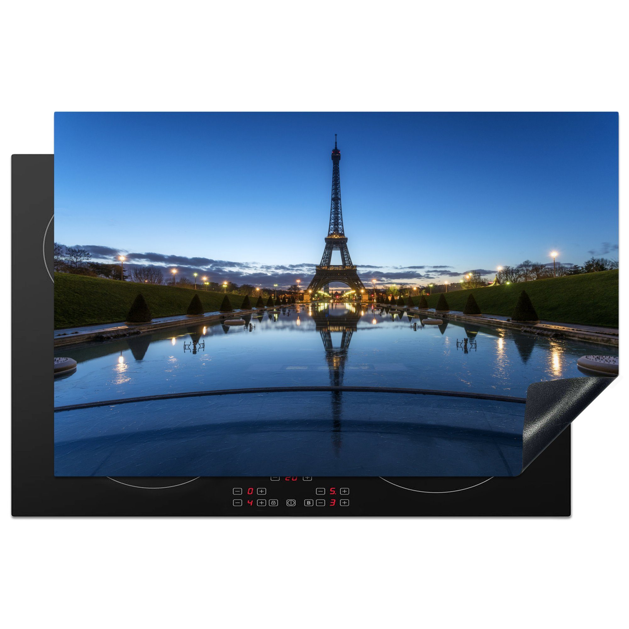 MuchoWow Herdblende-/Abdeckplatte Der Eiffelturm am Abend bei sehr klarem Himmel in Paris, Vinyl, (1 tlg), 81x52 cm, Induktionskochfeld Schutz für die küche, Ceranfeldabdeckung