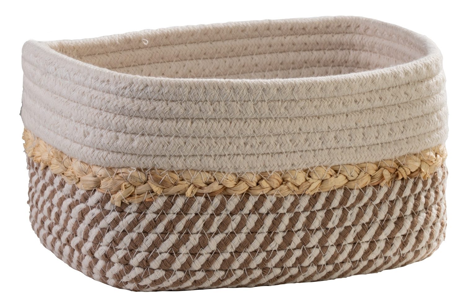 Home4You Aufbewahrungskorb, B 20 cm, H 11 cm, T 15 cm, Beige, Weiß, (1 St), Baumwolle, ohne Griffe
