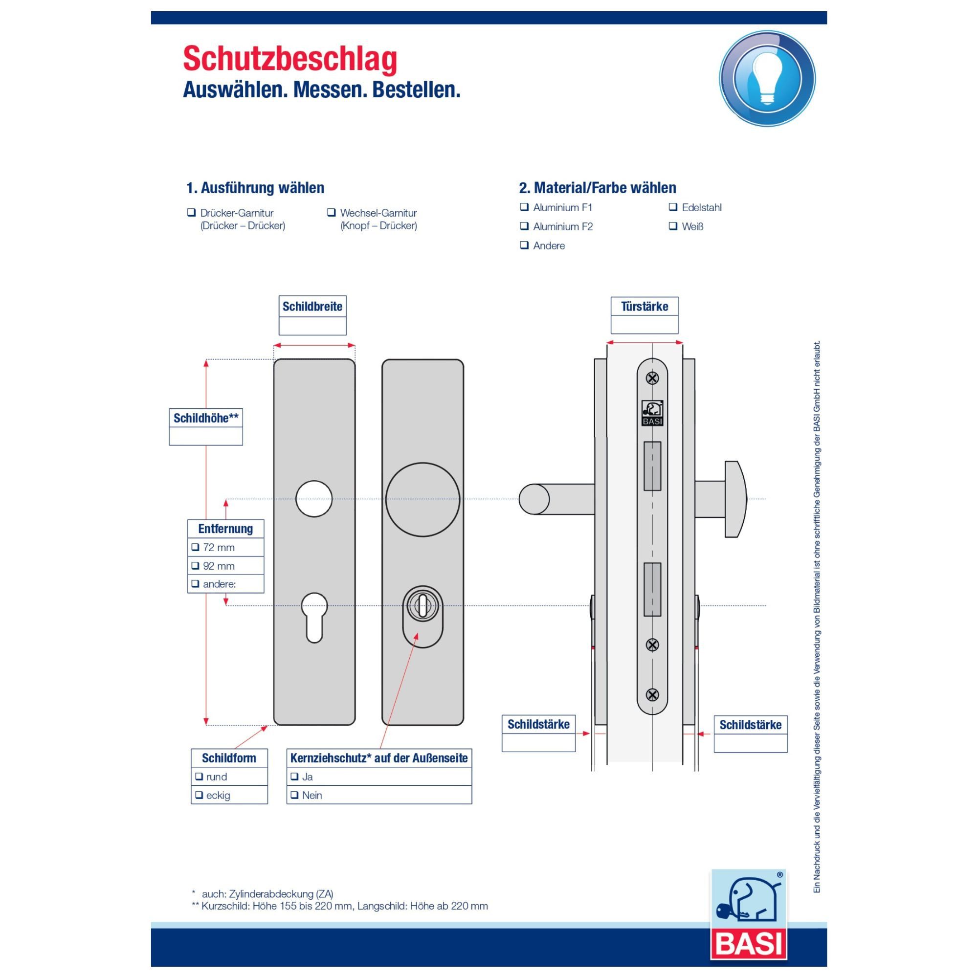 BASI Türbeschlag Wechsel-Garnitur (Packung), Schutzbeschlag PZ 72/8 mm, ZA, Edelstahl, Schild 14 mm, Türen 38-45 mm