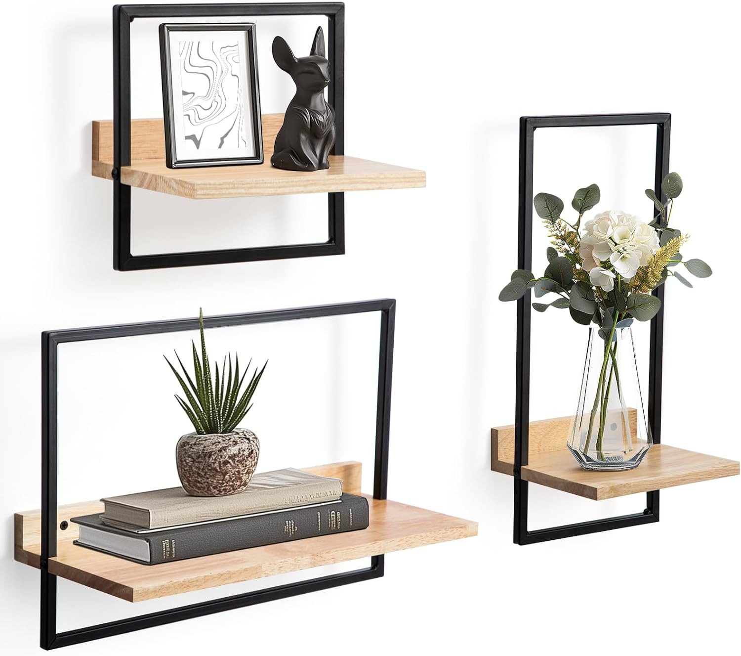 Stelby Wandregal 3‑tlg. Floating Wandregal – Holz & Metall, modern geom. Design, 3-tlg., Schweberegal aus Holz+Metall – platzsparend, vielseitig, langlebig