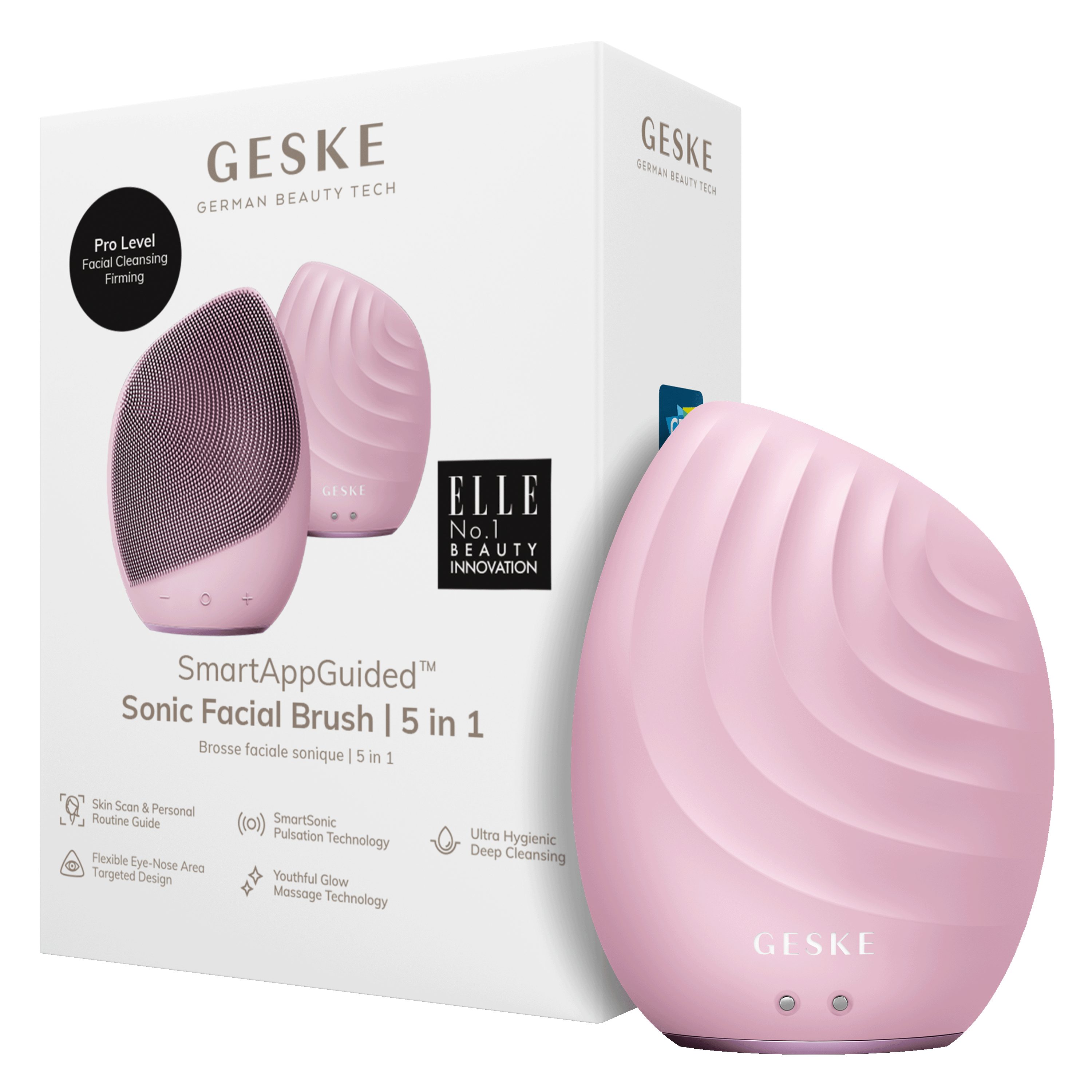 GESKE German Beauty Tech Elektrische der 5 & Mit 1, Hautpflegeroutine. Sonic Facial erhältst 2-tlg., (Gerät Device), personalisierte USB-Ladekabel), Gesichtsreinigungsbürste GESKE SmartAppGuided™ (SmartAppGuided APP Brush Pink inkl. Gerät App in Du kostenloser Packung deine