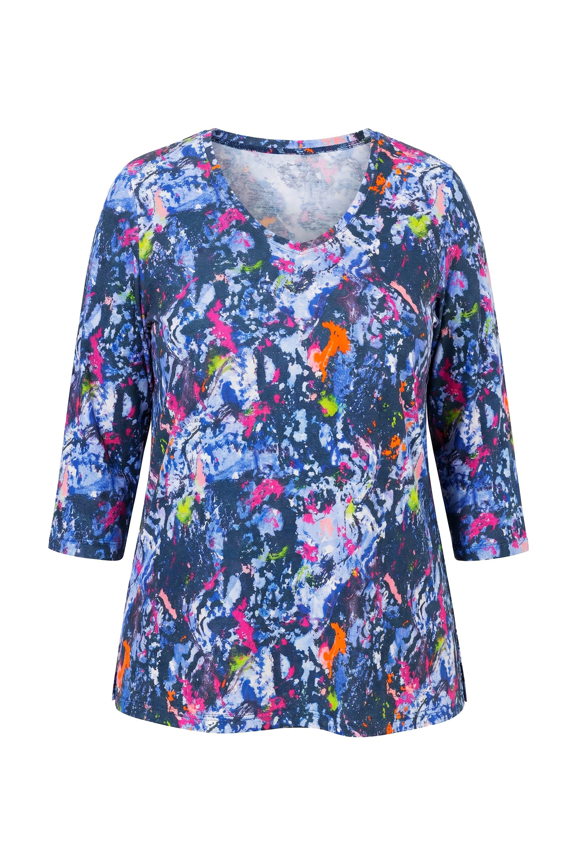 Ulla Popken Longshirt Shirt grafischer Druck V-Ausschnitt 3/4-Arm