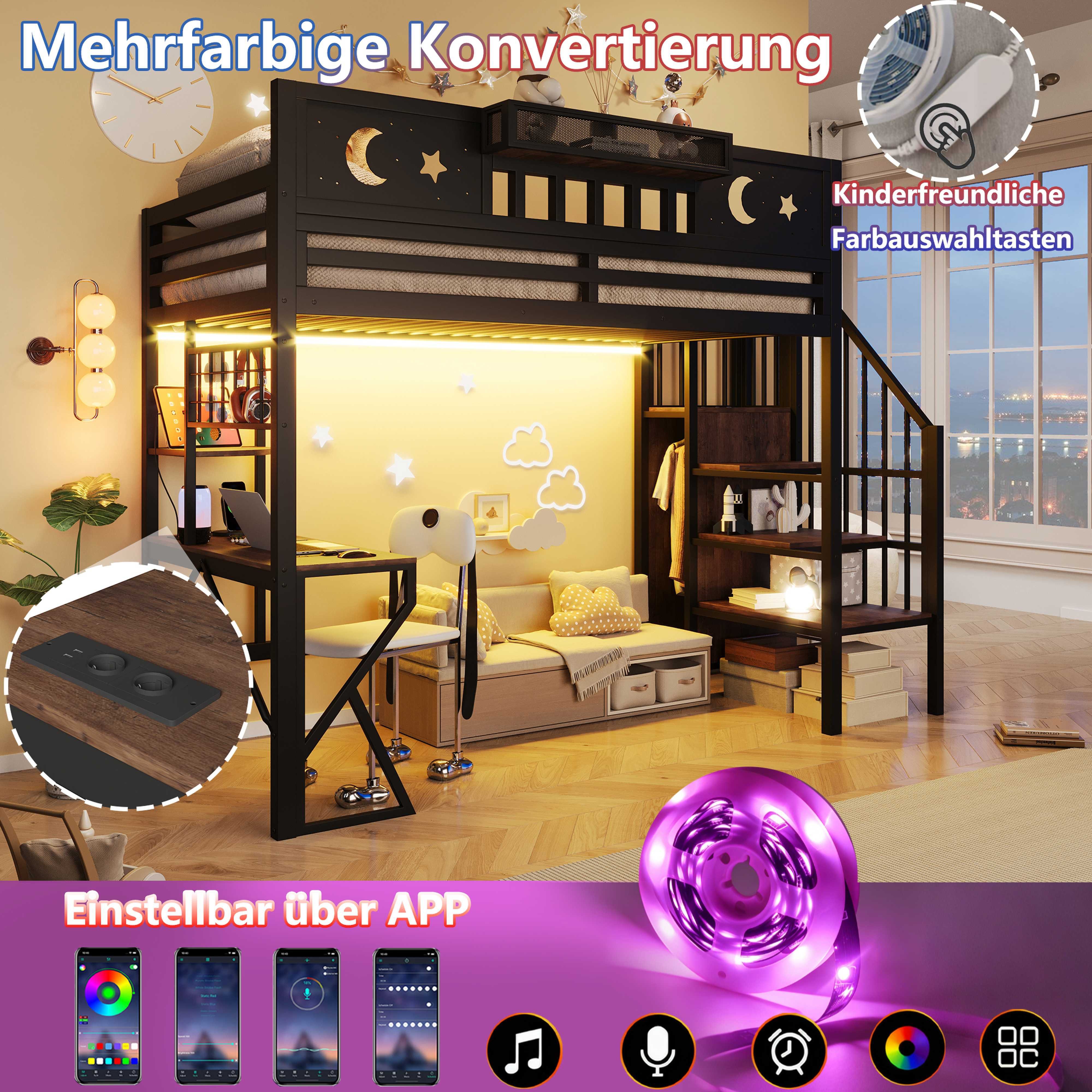 BlingBin Hochbett 90/140x200 cm Kinderhochbett Jugendbett mit Schreibtisch LED (3 Packung, 1-St., Treppe mit Stauraum,Regalen,USB-Anschluss und Mond-Stern-Design) Bettgestell aus Metall,Rausfallschutz,K-förmige Beine,Ohne Matratze