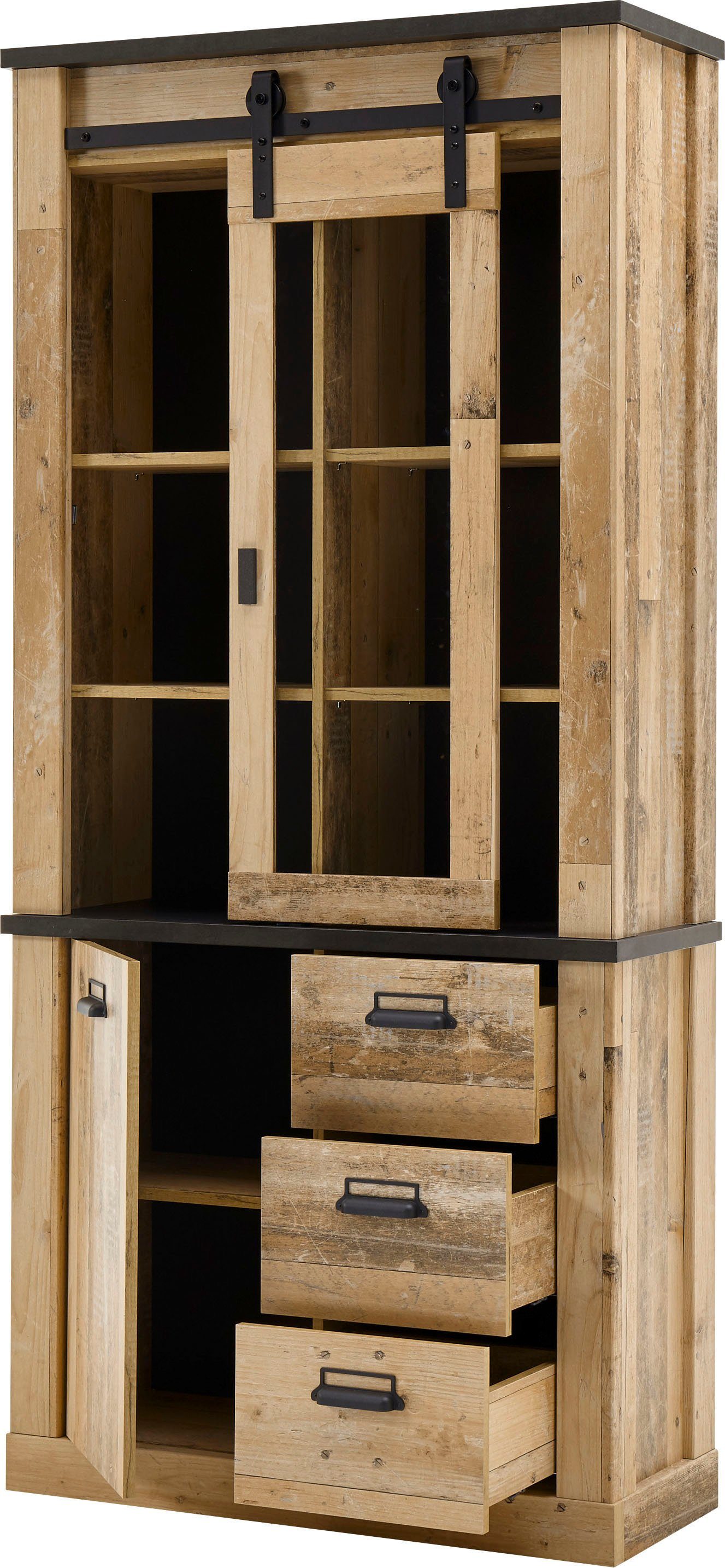 Home affaire Wohnwand SHERWOOD, (2-St), Scheunentorbeschlag und Apothekergriffe aus Metall, Höhe 201 cm