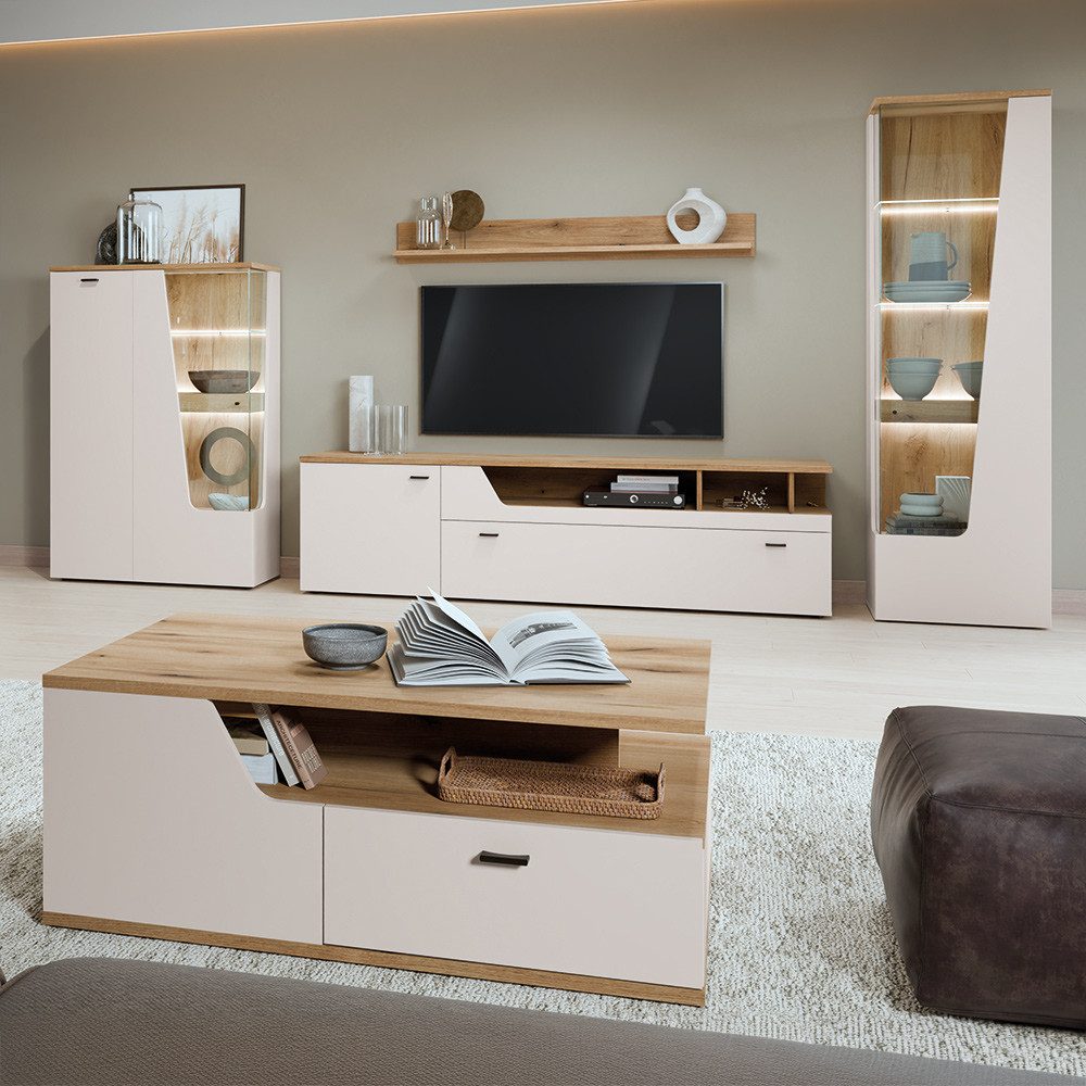 Lomadox Wohnzimmer-Set CARMONA-129, (Mega-Spar-Set, 5-St., Couchtisch Highboard Lowboard Vitrine Wandregal), in Kaschmir und Eiche, inkl. LED-Beleuchtung