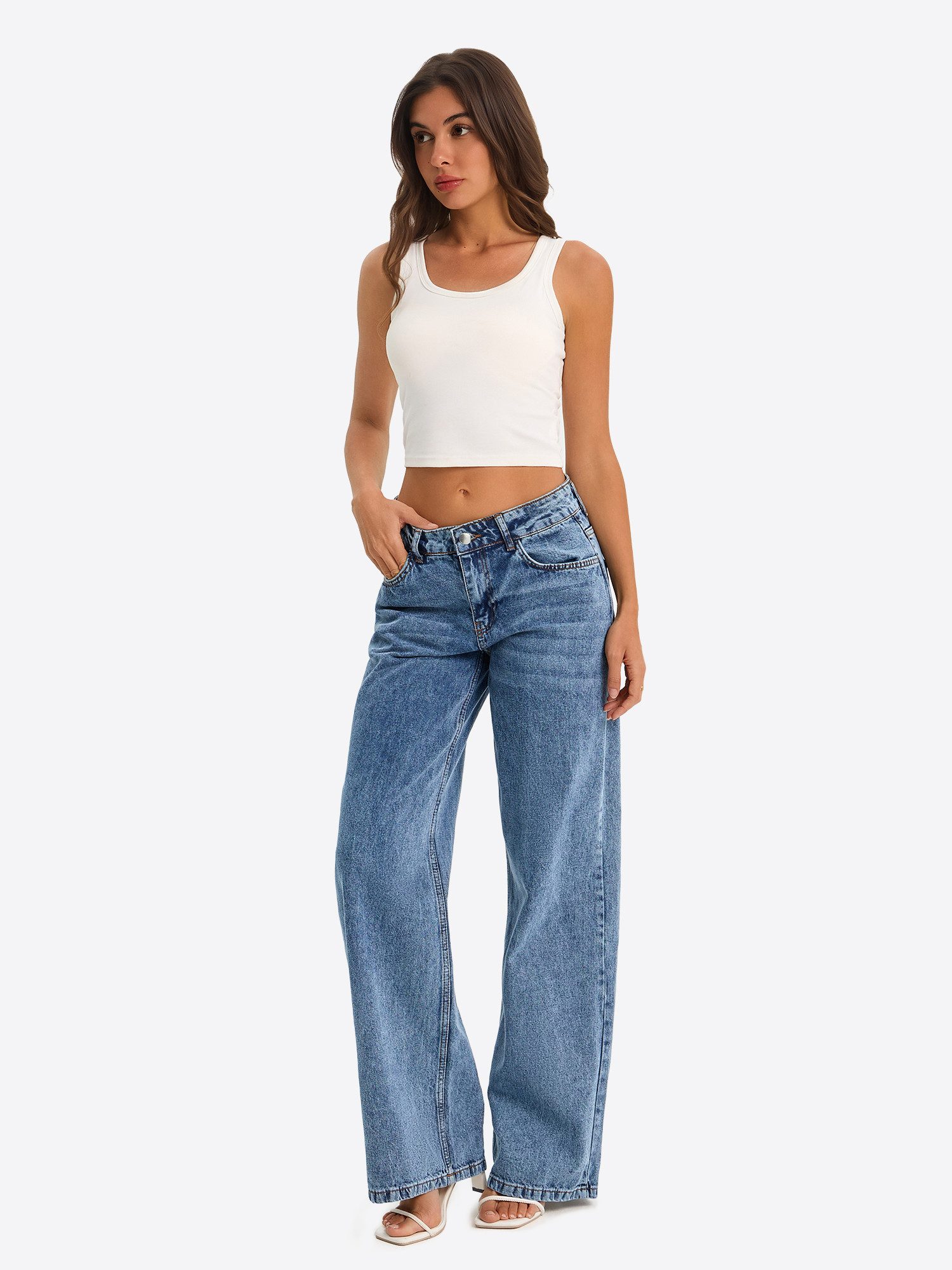 Imily Bela Boyfriend-Jeans Damen Low-Waist Wide Leg Jeans aus Baumwolle Denim Baggy mit Waschung (Packung, 1-tlg., 1per-Pack) 4-Pocket Style in Unifarbe