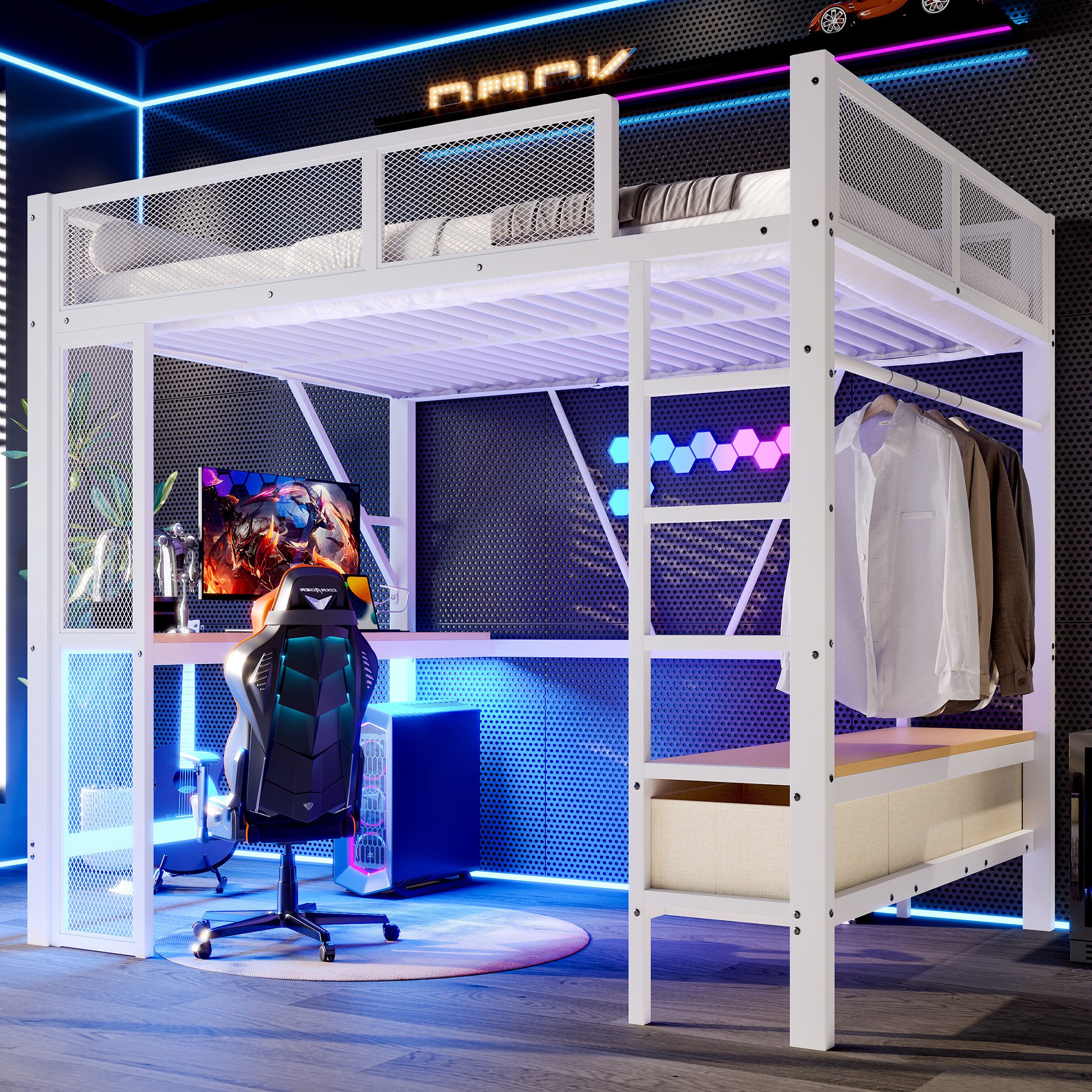 Merax Hochbett 140x200cm mit LED-Beleuchtung und USB (1-St., Etagenbett Jugendbett Einzelbett) Metallbett mit Schreibtisch, offenem Kleiderschrank und 3 Schubladen
