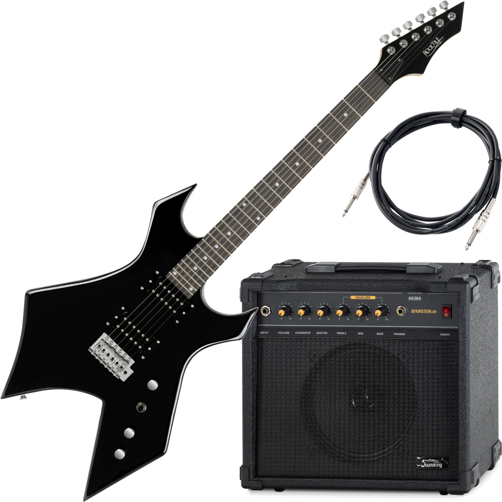 Rocktile E-Gitarre Rocktile Warhead E-Gitarre AK30A Combo-Verstärker Set, Heavy-Style, 2 Humbucker Tonabnehmer