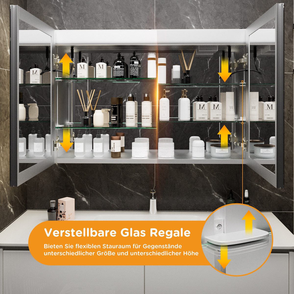 Gunuss Badezimmerspiegelschrank mit Beleuchtung 80 x 60 cm, Spiegelschrank mit Touch, 2 Türen (Hängeschrank mit LED Beleuchtung, 80 Länge x 60 Höhe x 14,5 Breite cm) Badezimmer Medizin Kabinett mit Defog, Stufenloses Dimmen, Steckdosen