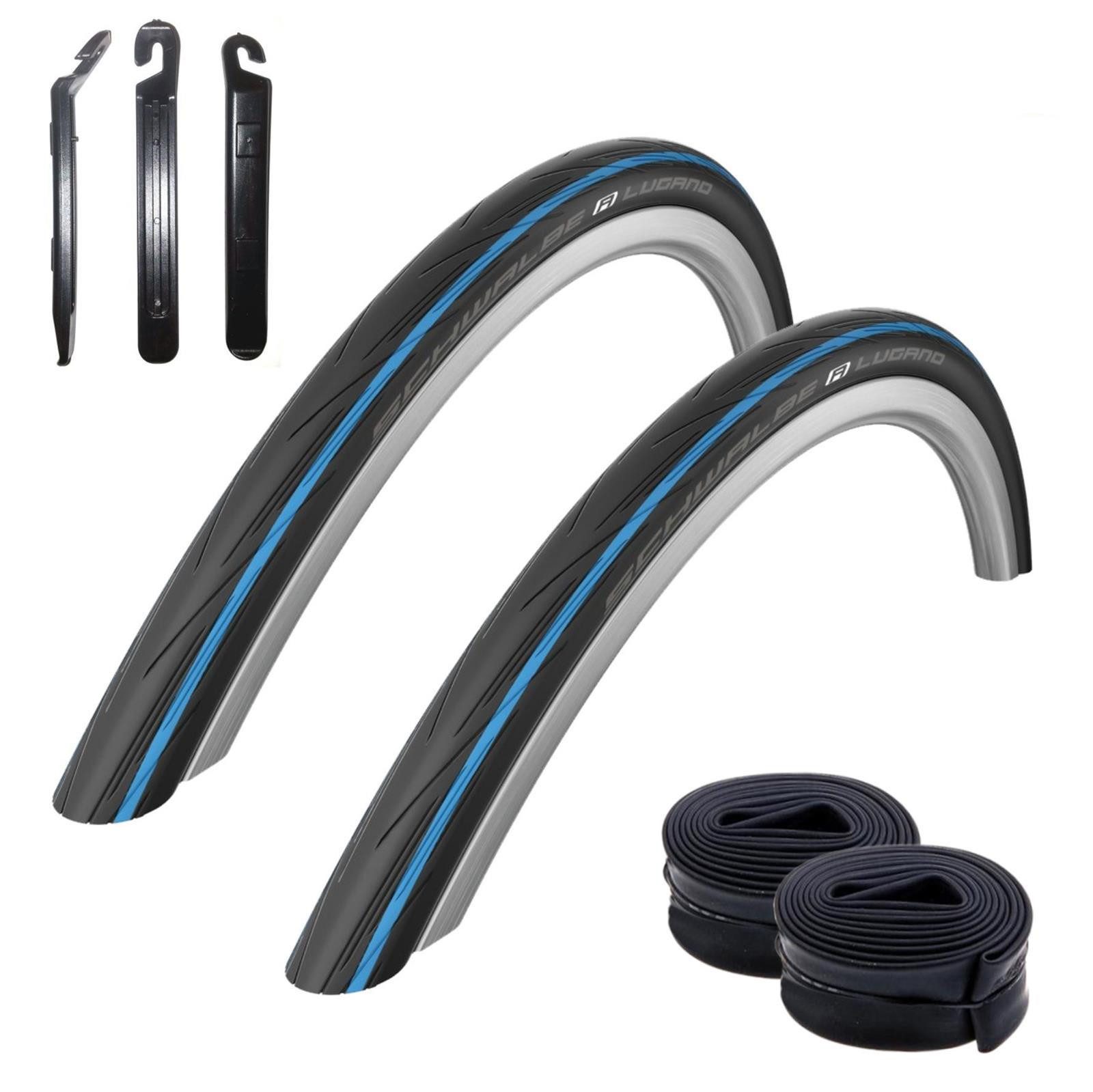 maxxi4you Fahrradreifen 2 x Schwalbe Lugano Schwarz/blauer Streifen + 2 x SV15 lang inkl. RH