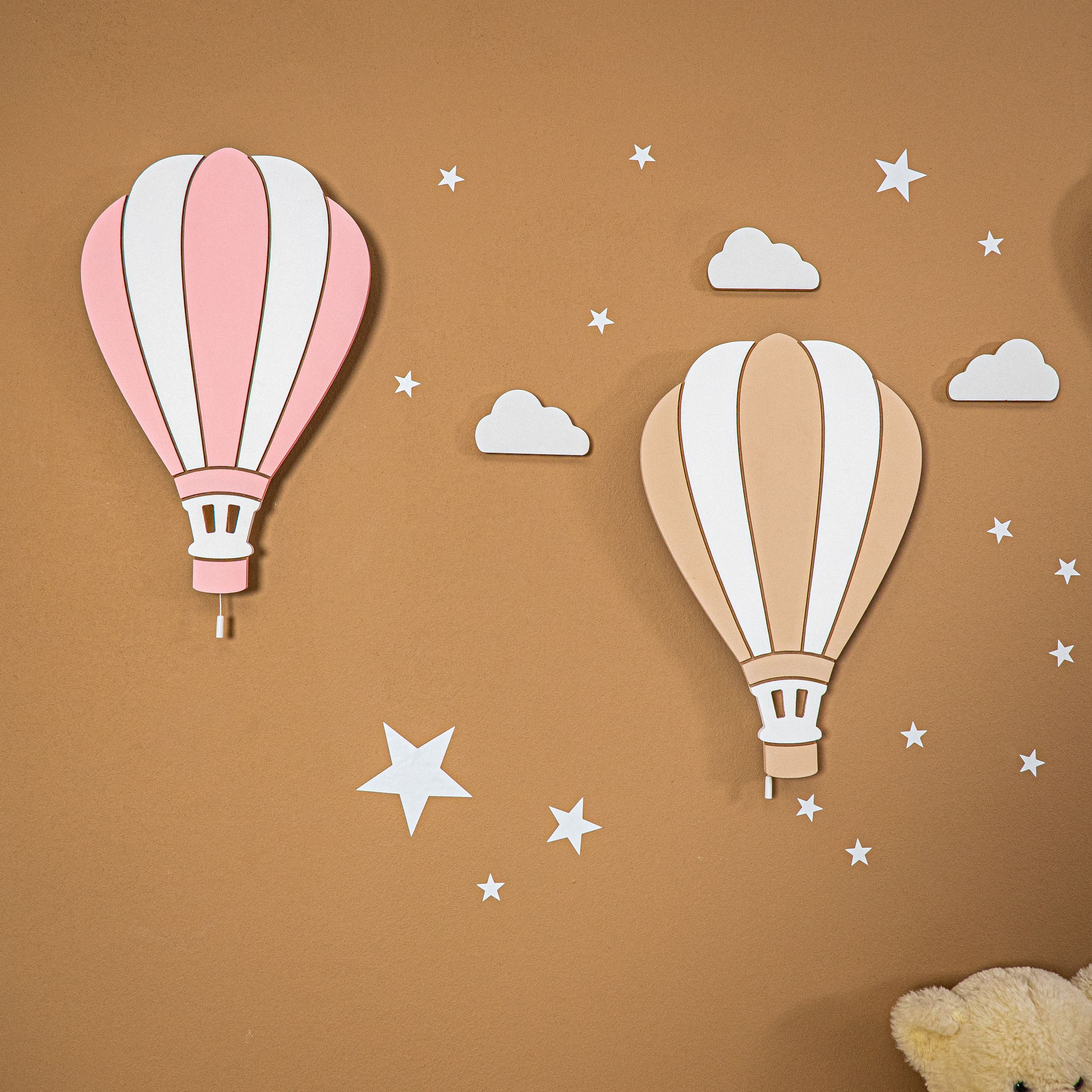 COZYCOLLECTIONS LED Wandleuchte Wandlampen-Heißluftballons (Rosa & Beige)in Holzoptik, LED, Warmweiß, Handgemachtes 3er-Set aus Holz, LED warmweiß, 9V, Zugschnur