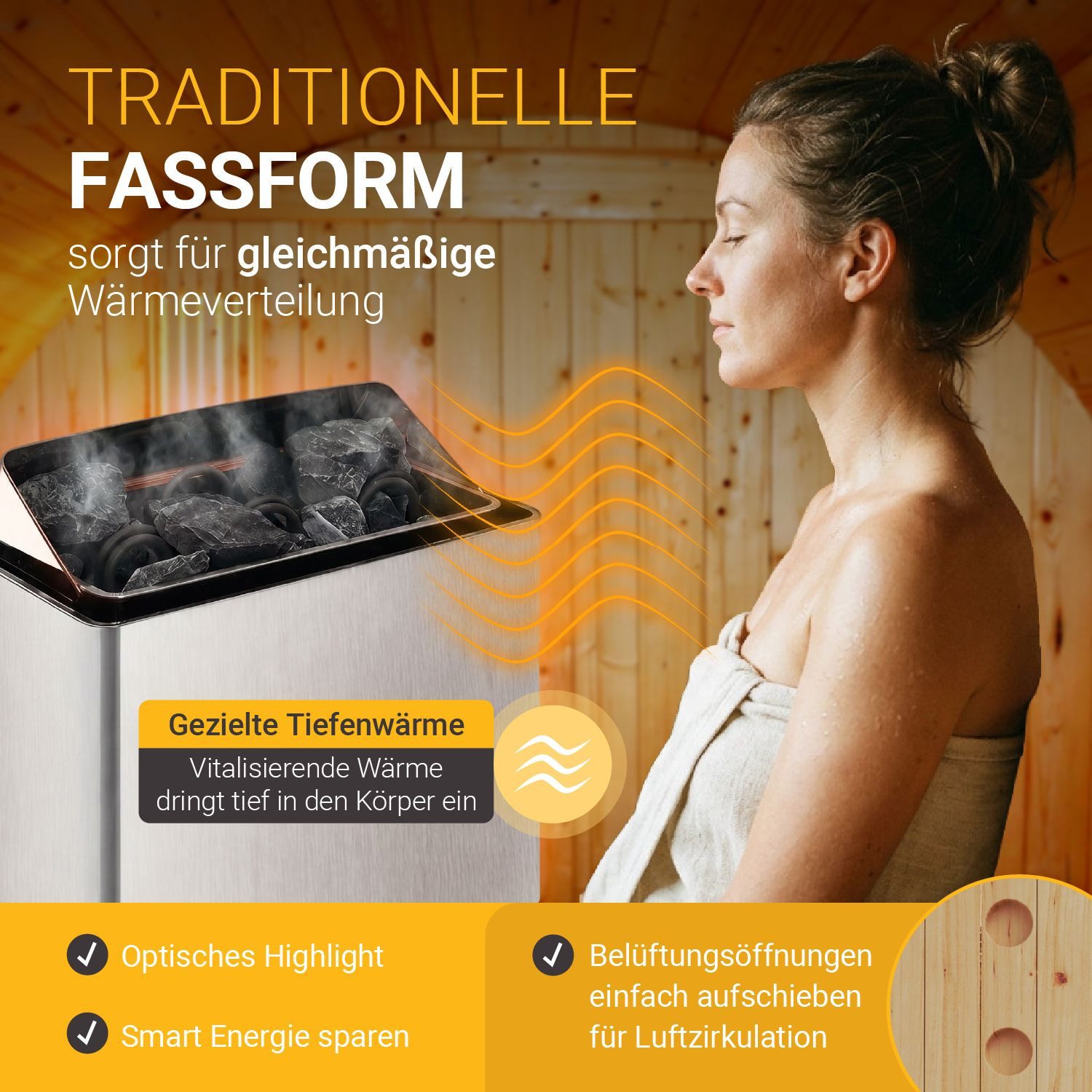Artsauna Fasssauna Spitzbergen 120, BxTxH: 191 x 120 x 193 cm, für 2 Personen, Fichtenholz, 3,6 kW Elektro-Ofen, Komplett-Set – Bild 5 von 5
