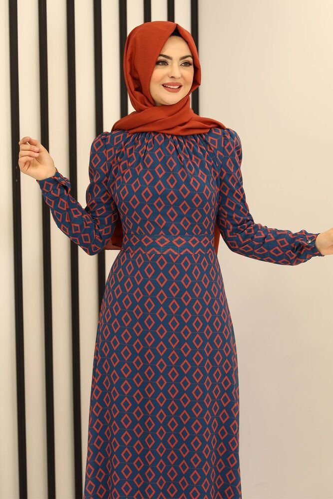 Modavitrini Chiffonkleid Abiye mit Rautenmuster Damen Hijab Abendkleid Kleid Abaya langärmliges Blau Blickdicht Mode Maxikleid