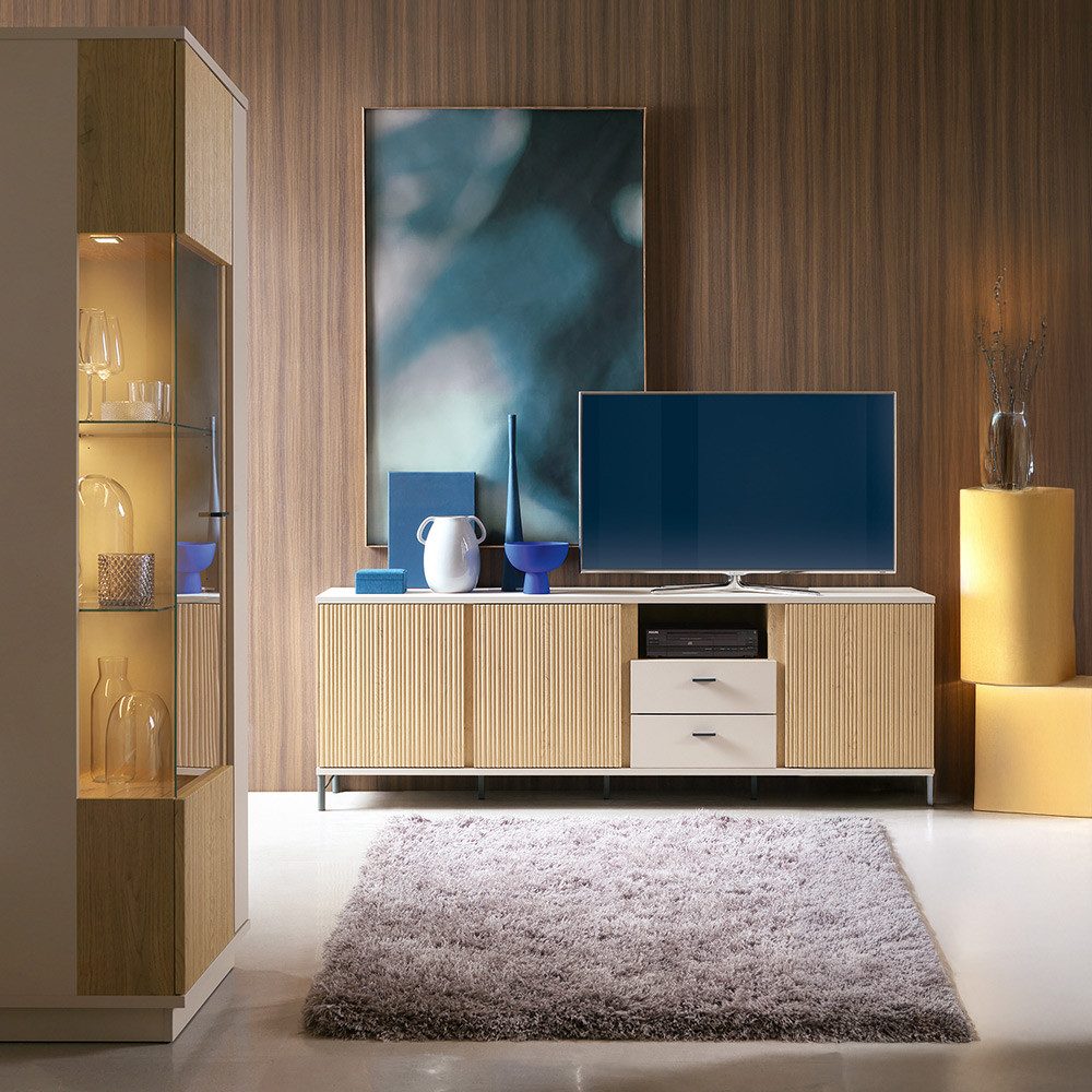 Lomadox Wohnzimmer-Set MOLINA-129, (Mega-Spar-Set, 2-St., Lowboard Vitrine), Wohnzimmermöbel in Eiche & kaschmir mit Softclose & LED-Beleuchtung