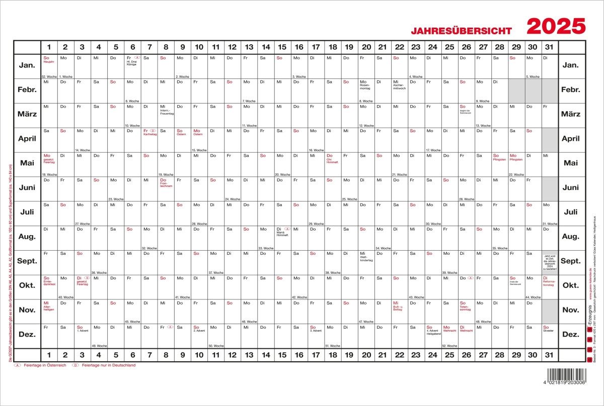 GÜSS Kalender Plakatkalender Jahresübersicht A3 40x30cm 12 Monate Kalendarium 2026
