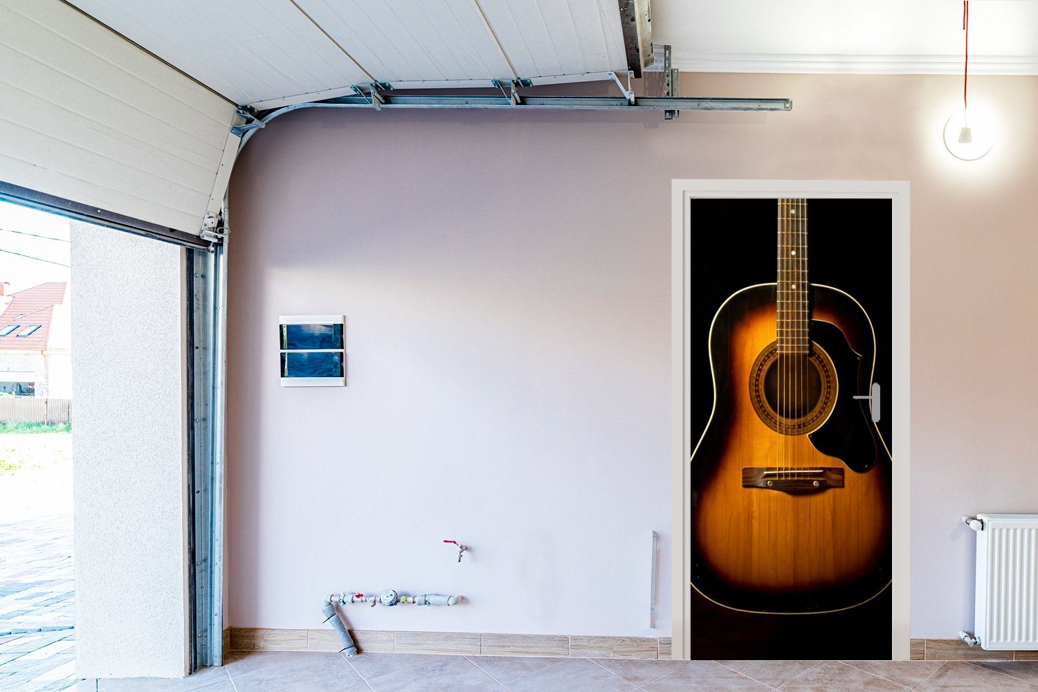 für auf Hintergrund, Gitarre Türtapete cm schwarzem Tür, Akustische Türaufkleber, Matt, Fototapete St), bedruckt, (1 MuchoWow 75x205