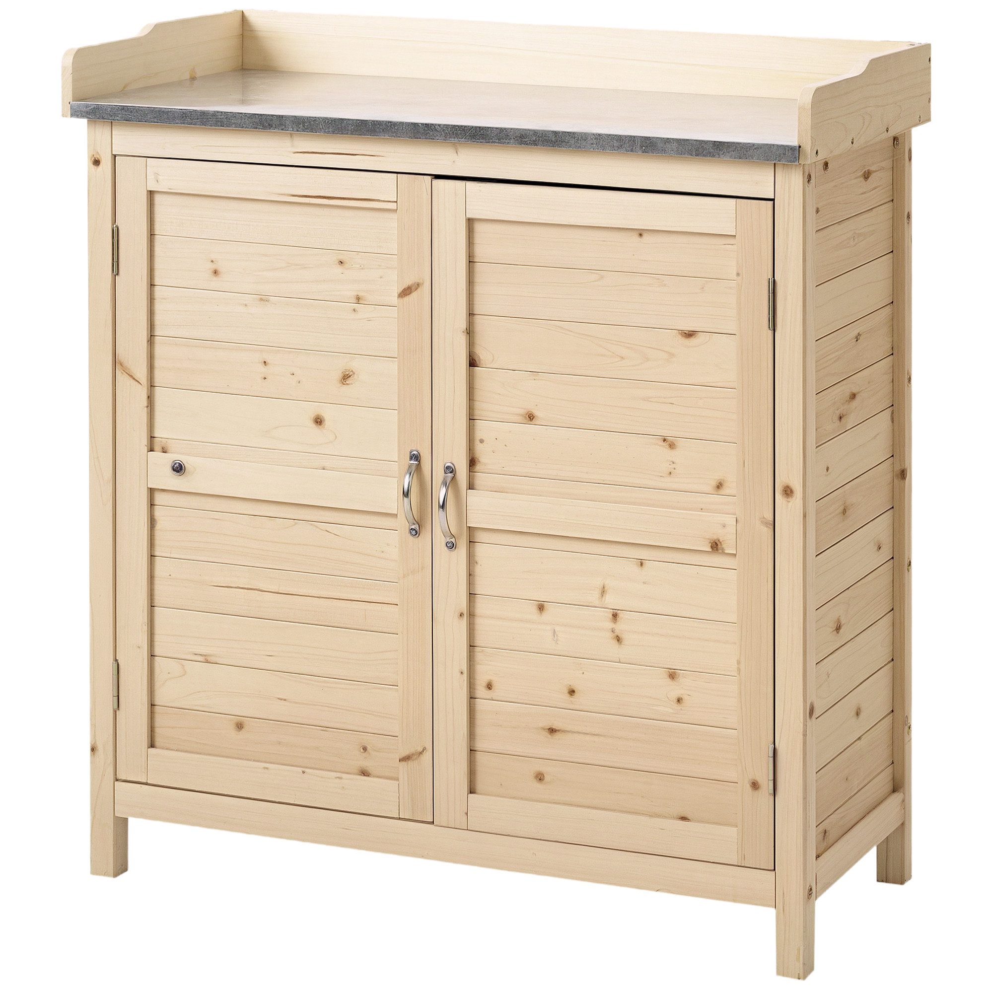 Celya Garten-Geräteschrank Gartenschrank mit 2 Fächern, Metall-Arbeitsplatte mit Aufkantung, (Naturholz, 83 x 40 x 92 cm)
