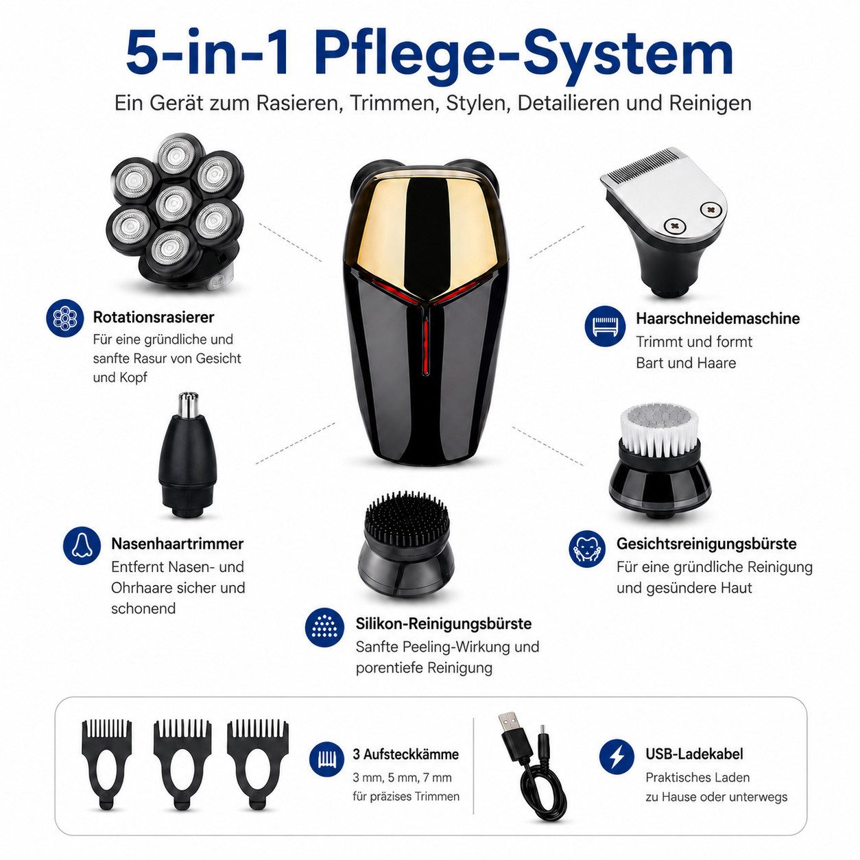 XEOOCE Nassrasierer Herren Rasierer 5-in-1, Elektrorasierer 7D, Multifunktions-Trimmer, Set
