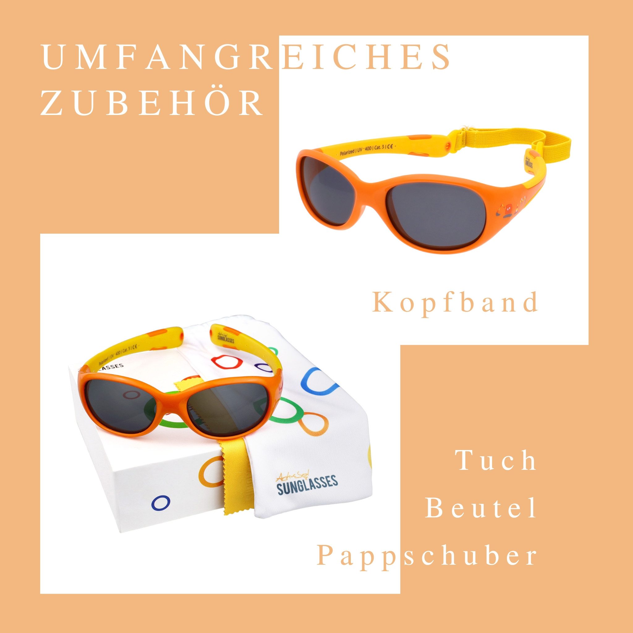 ActiveSol Sonnenbrille Baby 0-24 Monate (in bunten Farben & mit pfiffigen Motiven) Polarisiert, BPA-frei, mit Kopfband