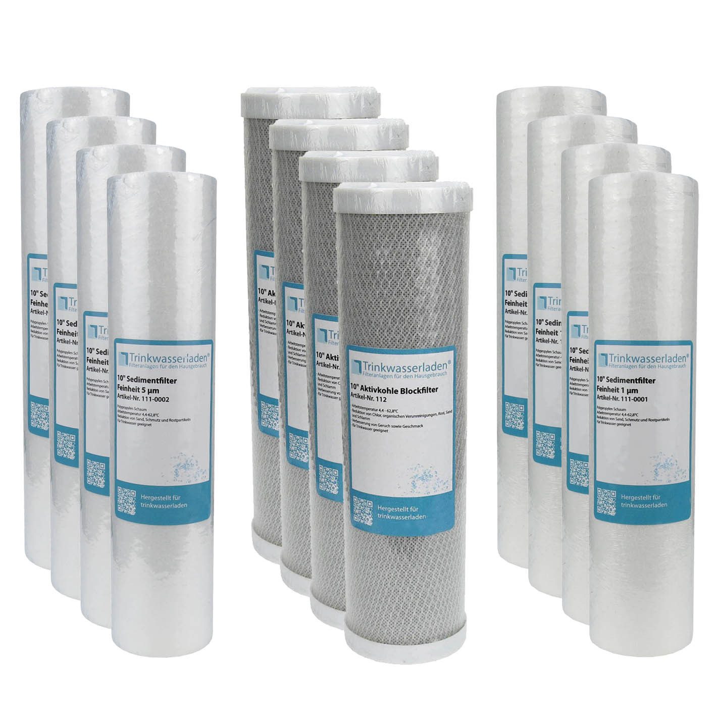 Trinkwasserladen Wasserfilter 2 Jahre Set 10" 12-teilig Ersatz Umkehrosmose RO Sediment Aktivkohle, 12er Set, passend für viele Standard Umkehrosmose-Anlagen