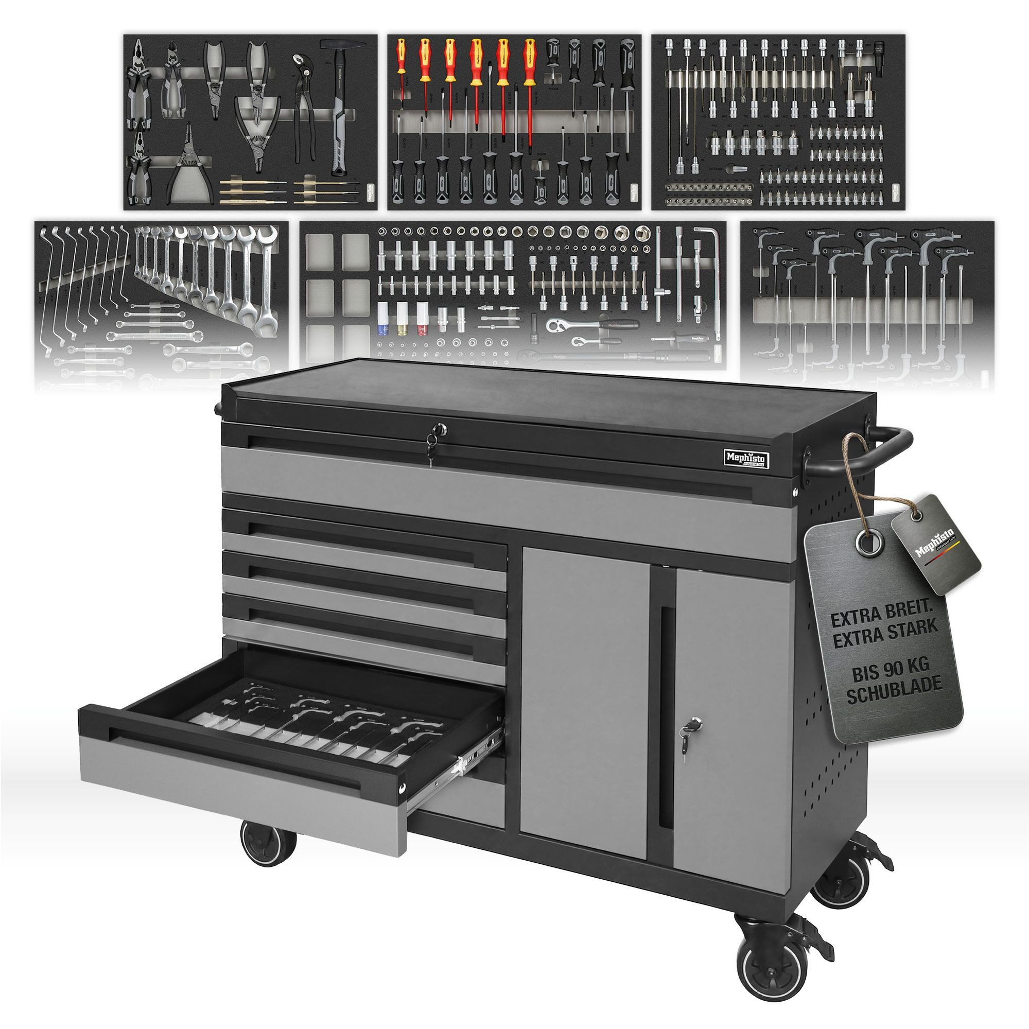 Mephisto-Tools Werkzeugwagen, (fertig montiert und bestückt), 6 Schubladen bis zu 40 kg belastbar & 1 Doppeltür, 4 Schlüssel inkl.