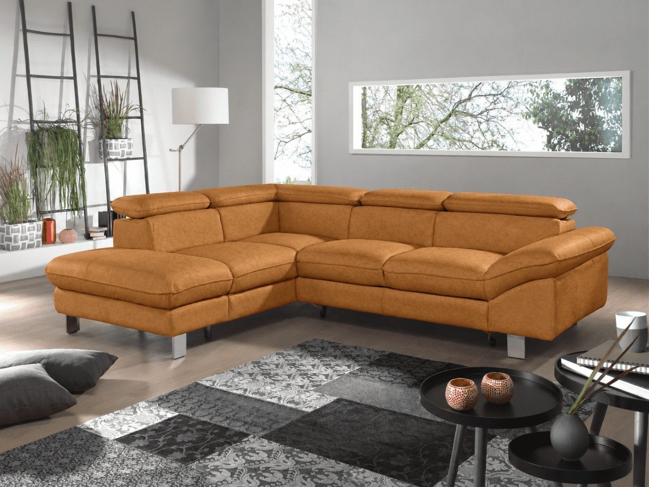 COTTA Ecksofa Driver Echtleder Pampas Madras, Bettkasten, Schlaffunktion, Verstellbare Kopflehnen