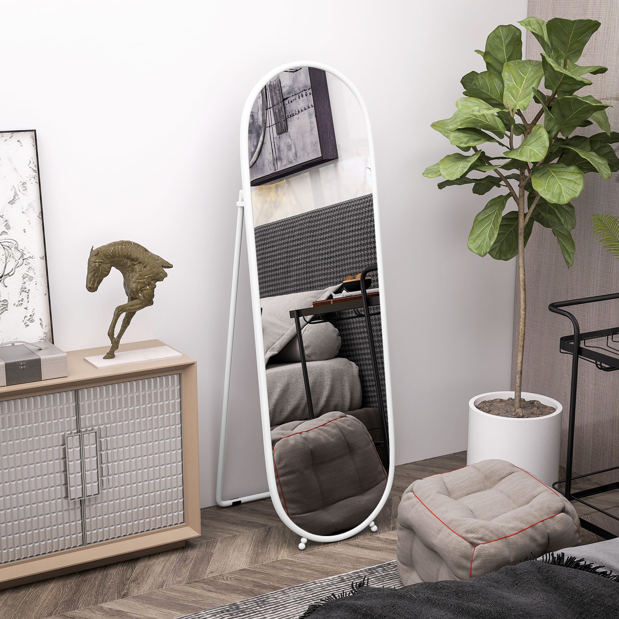 HOMCOM Standspiegel 160 x 40 cm Ganzkörperspiegel mit Ständer, Metallrahmen (Wandspiegel, 1-St., Oval), für Wohnzimmer, Schlafzimmer, Weiß