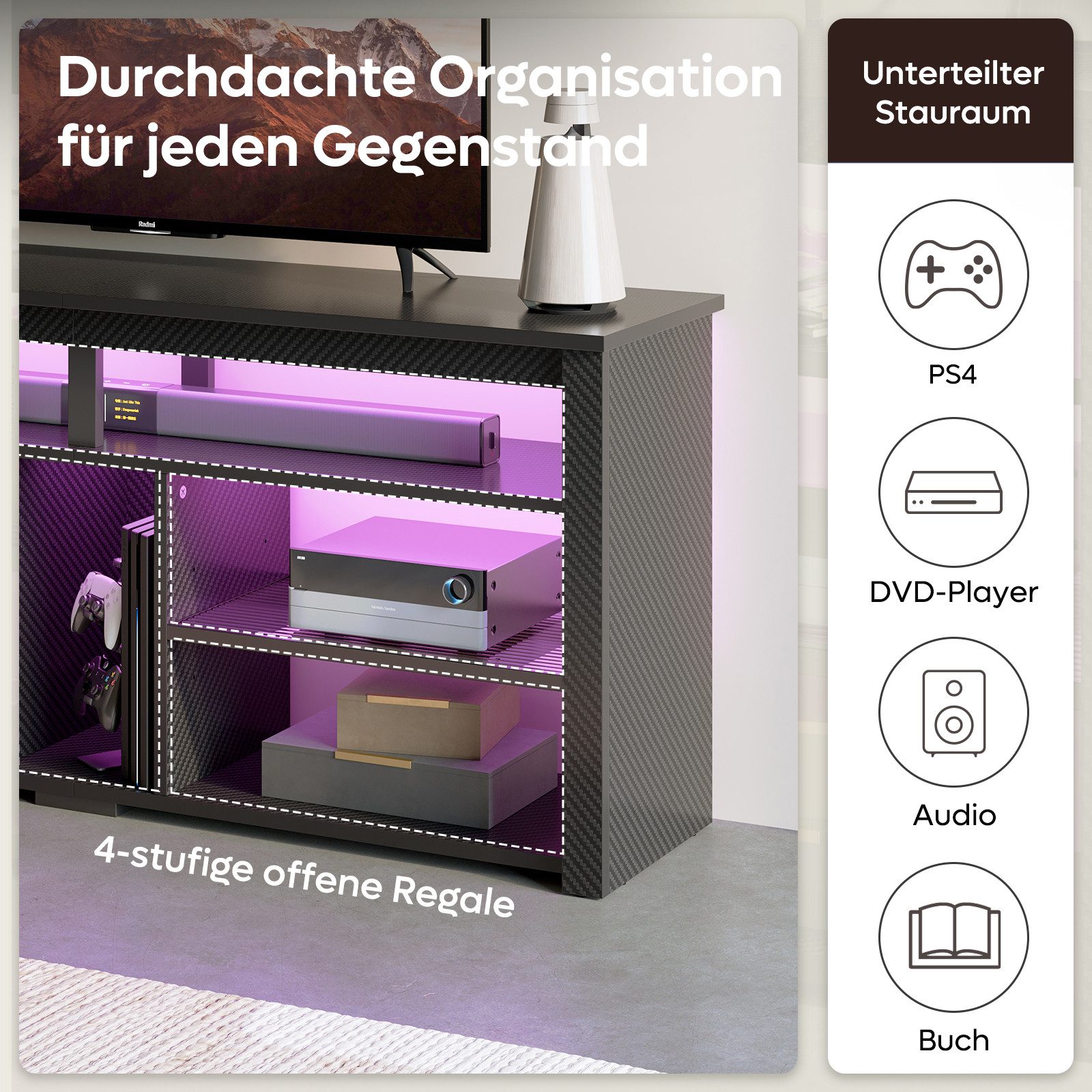 Bestier Lowboard TV-Schrank, Sideboard, Gaming TV Board mit LED-Beleuchtung (Breite 140 cm Fernsehtisch, 1 St, TV-Ständer für 55/60/65 Zoll Fernseher), Medien-TV Cabinet mit verstellbarem Regal, Weißer Marmor/Schwarze
