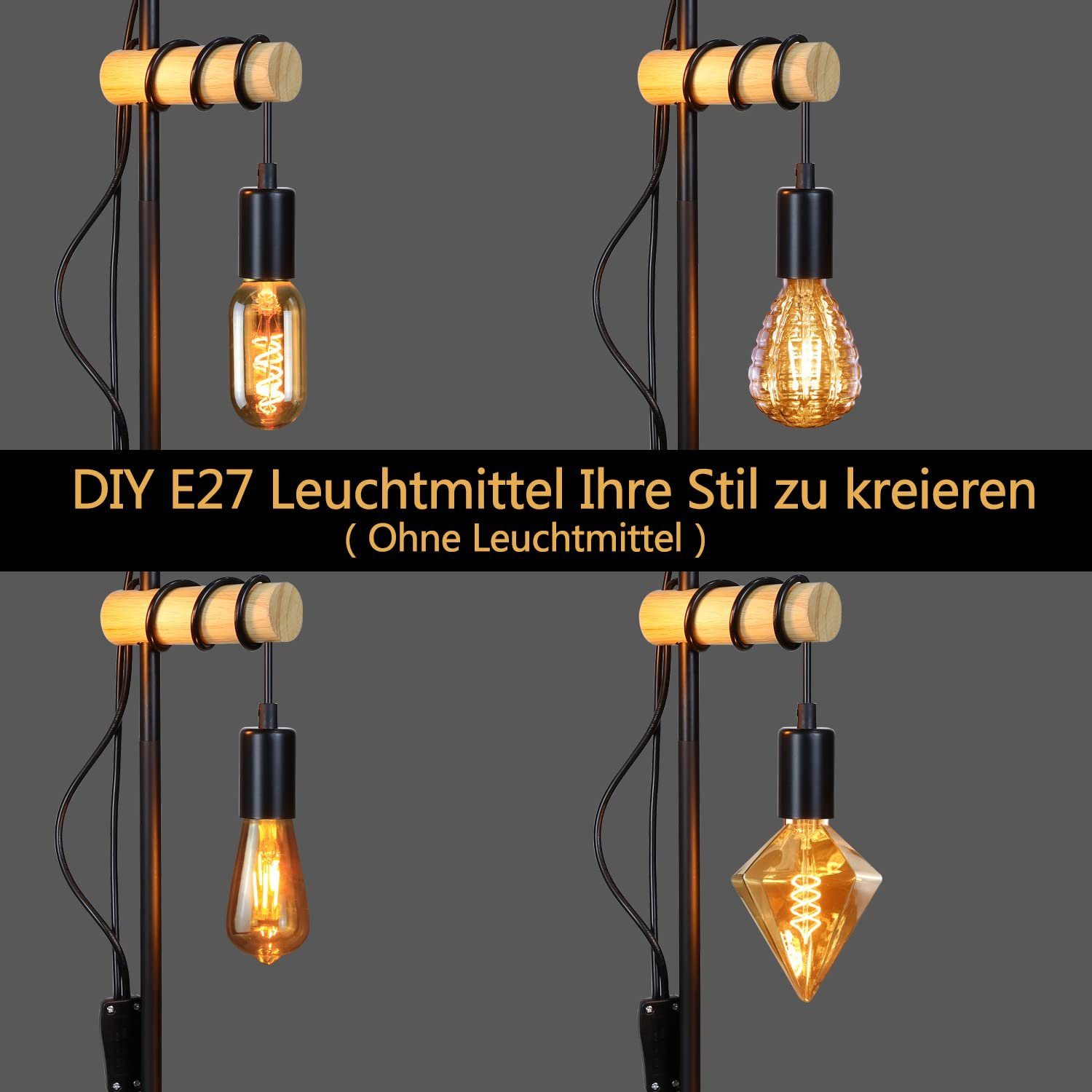 Leuchtmittel Flammig Stehlampe Wohnzimmer Industrial E27 180°, Schwarz ZMH ohne 2 Retro