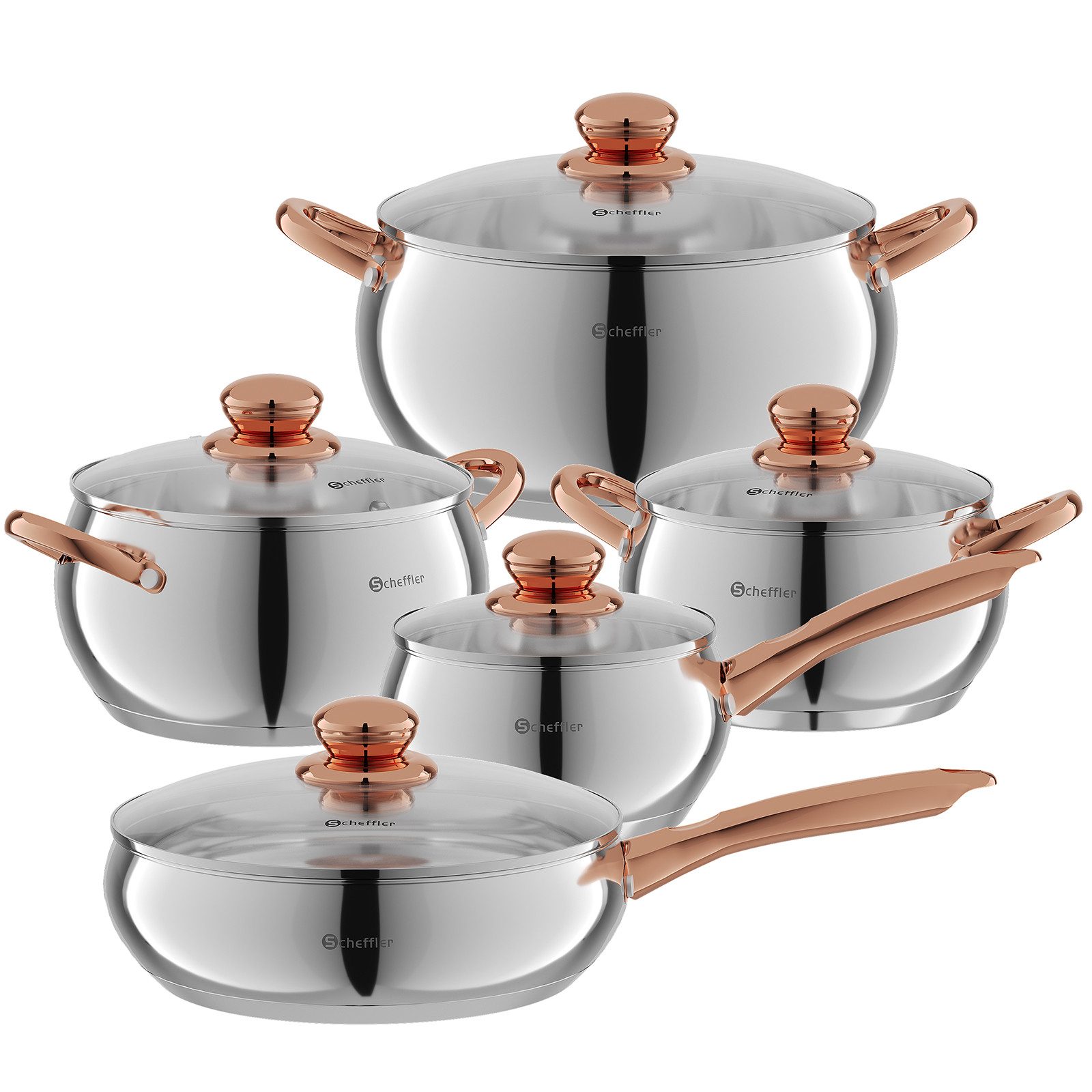 Scheffler Topf-Set 10tlg Edelstahl Topfsets für alle Herdarten, Edelstahl (3,38/2,0/2,8/4,0/6,7 Liter, für alle Herdarten), Induktion, robust und hochwertig