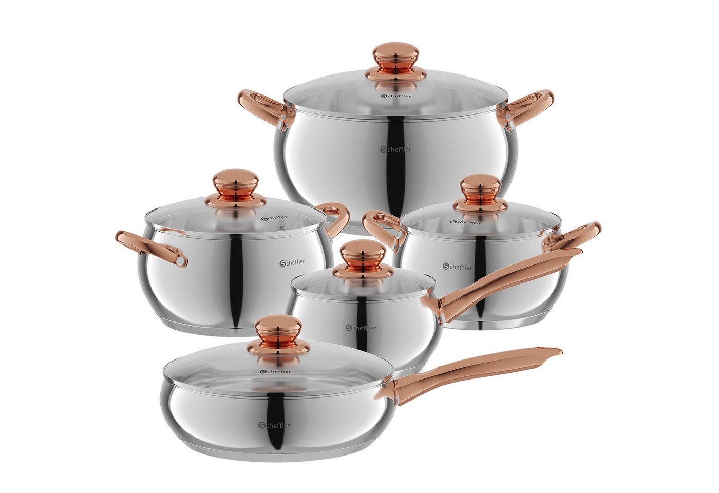 Scheffler Topf-Set 10tlg Edelstahl Topfsets für alle Herdarten, Edelstahl (3,38/2,0/2,8/4,0/6,7 Liter, für alle Herdarten), Induktion, robust und hochwertig