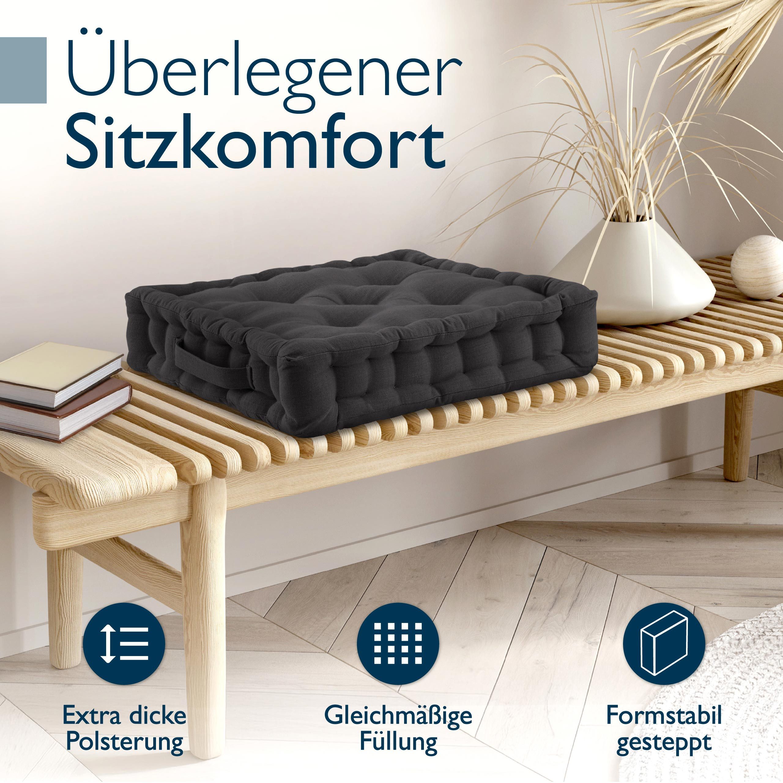 Beautissu Stuhlkissen 4er Set Bodenkissen Sitzkissen Mila, 40x40cm, Anthrazit, Matratzenkissen 10cm, 100% Baumwolle Stuhlkissen Indoor & Outdoor