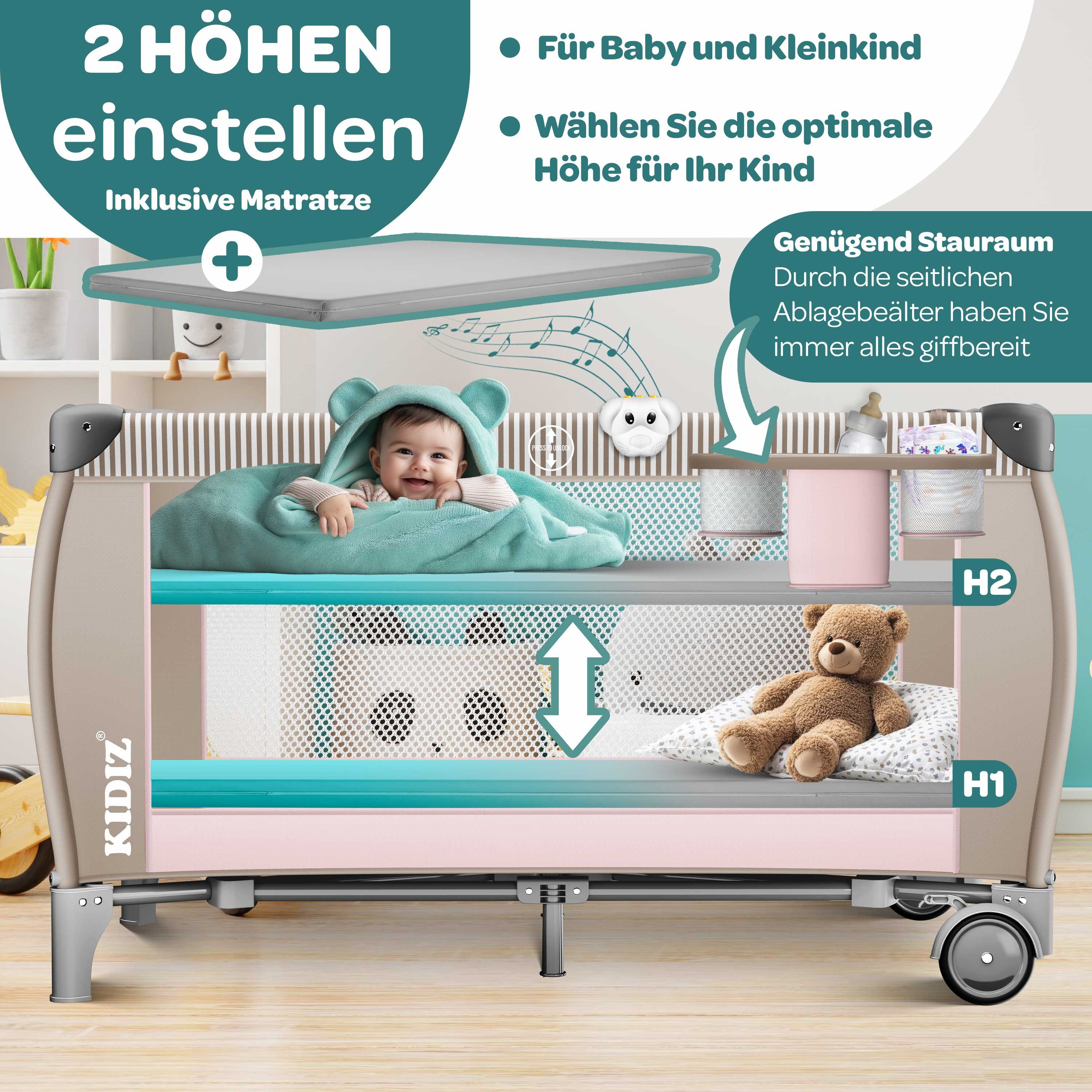 KIDIZ Baby-Reisebett, Babybett Kombi Set mit Matratze & Wickelauflage ab Geburt bis 15 kg