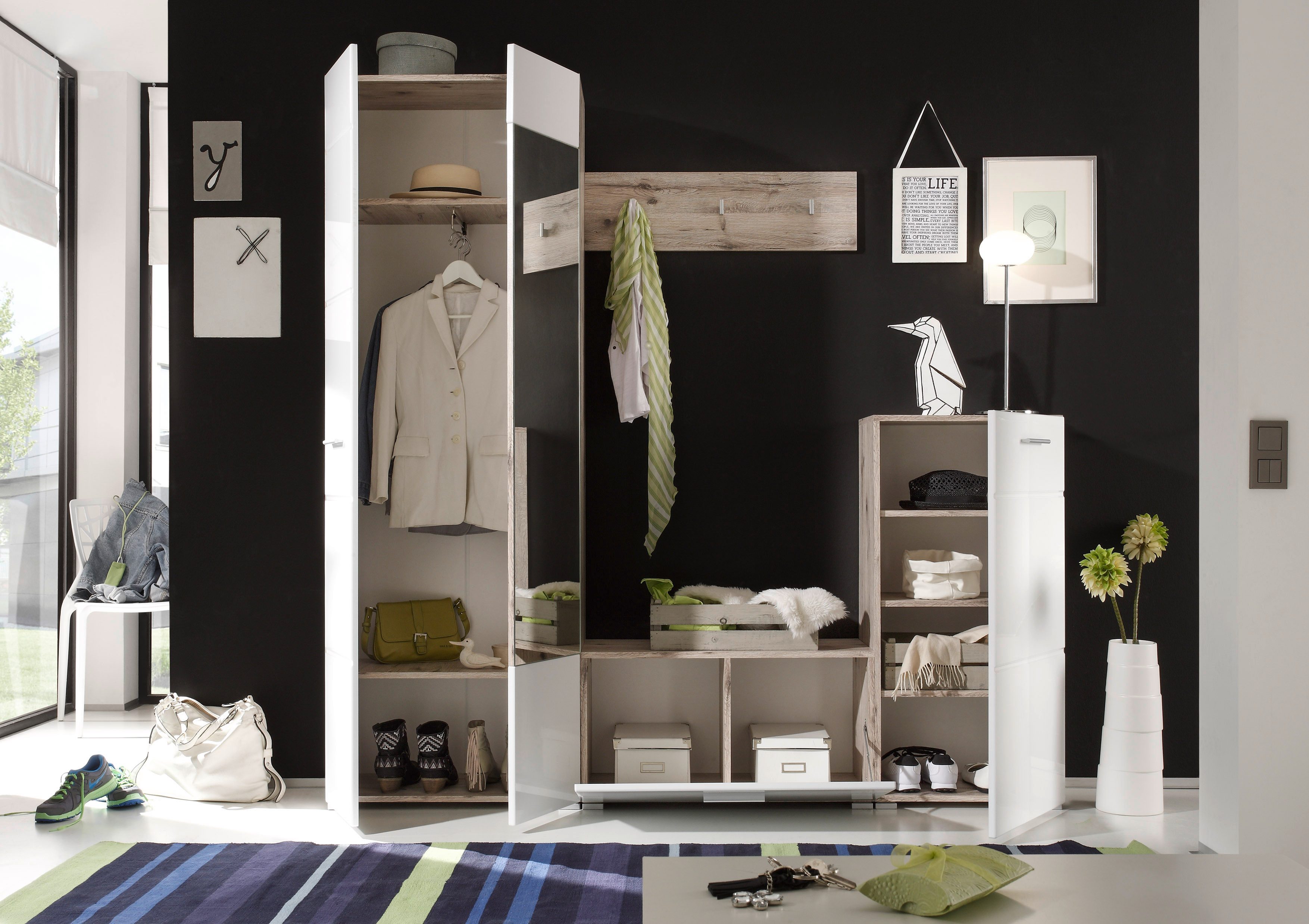 HBZ Kompaktgarderobe SIXX Weiß Hochglanz, Flurgarderobe mit Spiegel, BxHxT 195x195x36 cm (1-St) Mit Hochschrank mit Spiegel, Bank, Paneel und Kommode