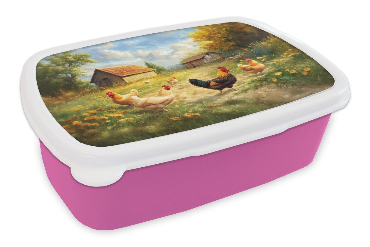 MuchoWow Lunchbox Hühner - Ländliche Beschaulichkeit - Natur, Kunststoff, (2-tlg), Brotdosen, Lunch Box, Brotbox für Kinder und Erwachsene